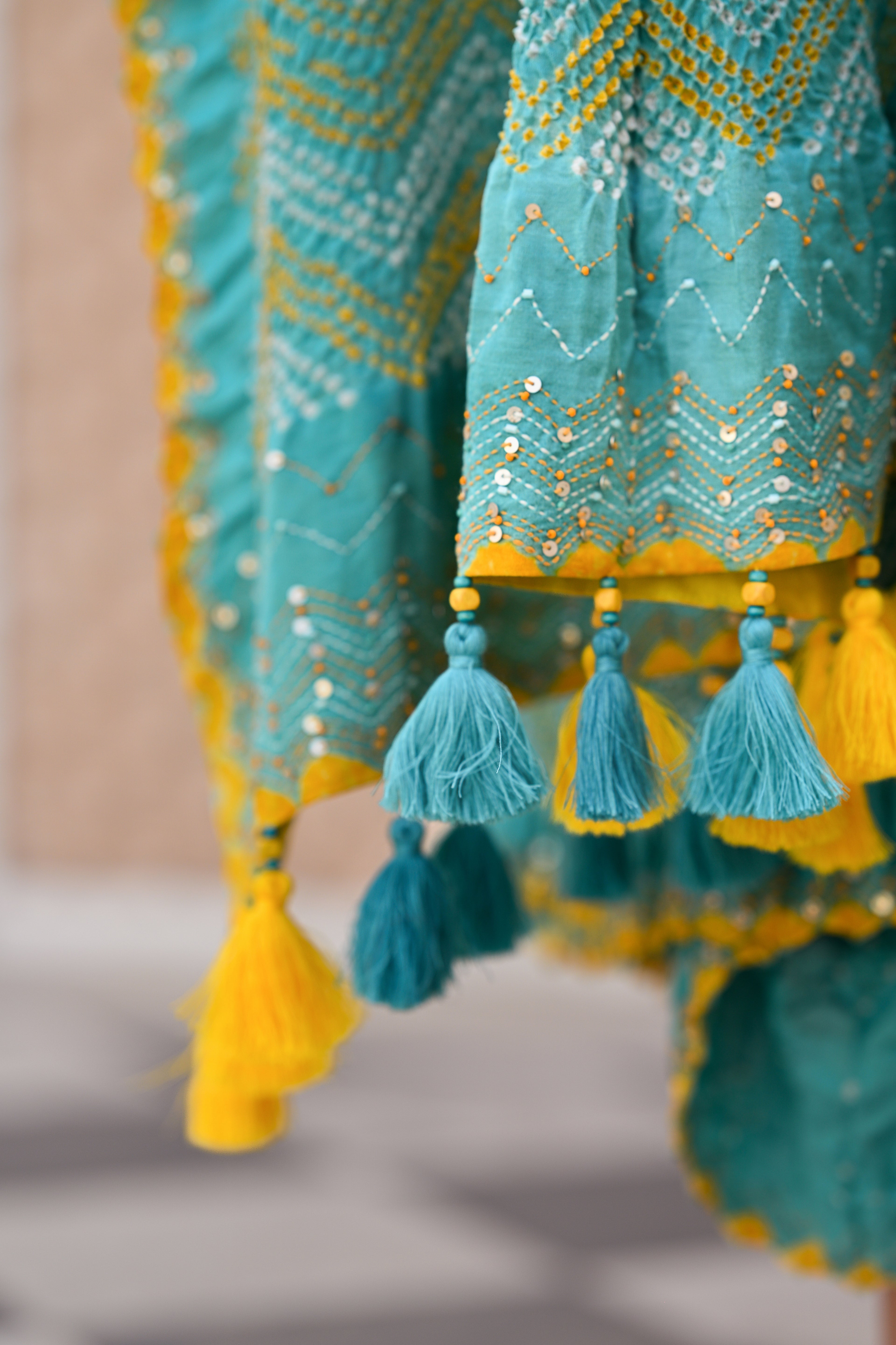 LIGHT BLUE CHEVRON SILK BANDHANI SEMBROIDERED SAREE WITH TASSELS
