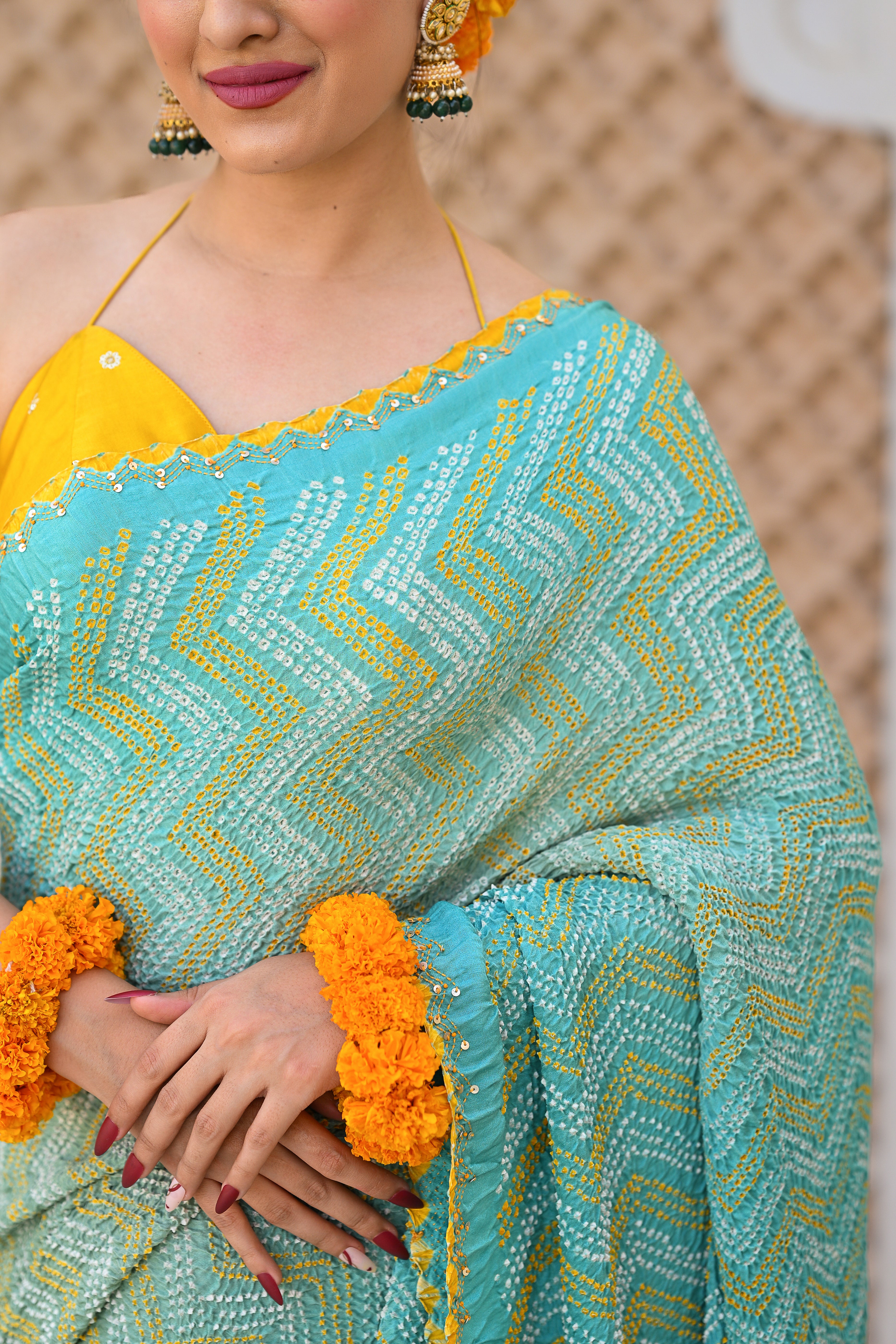 LIGHT BLUE CHEVRON SILK BANDHANI SEMBROIDERED SAREE WITH TASSELS