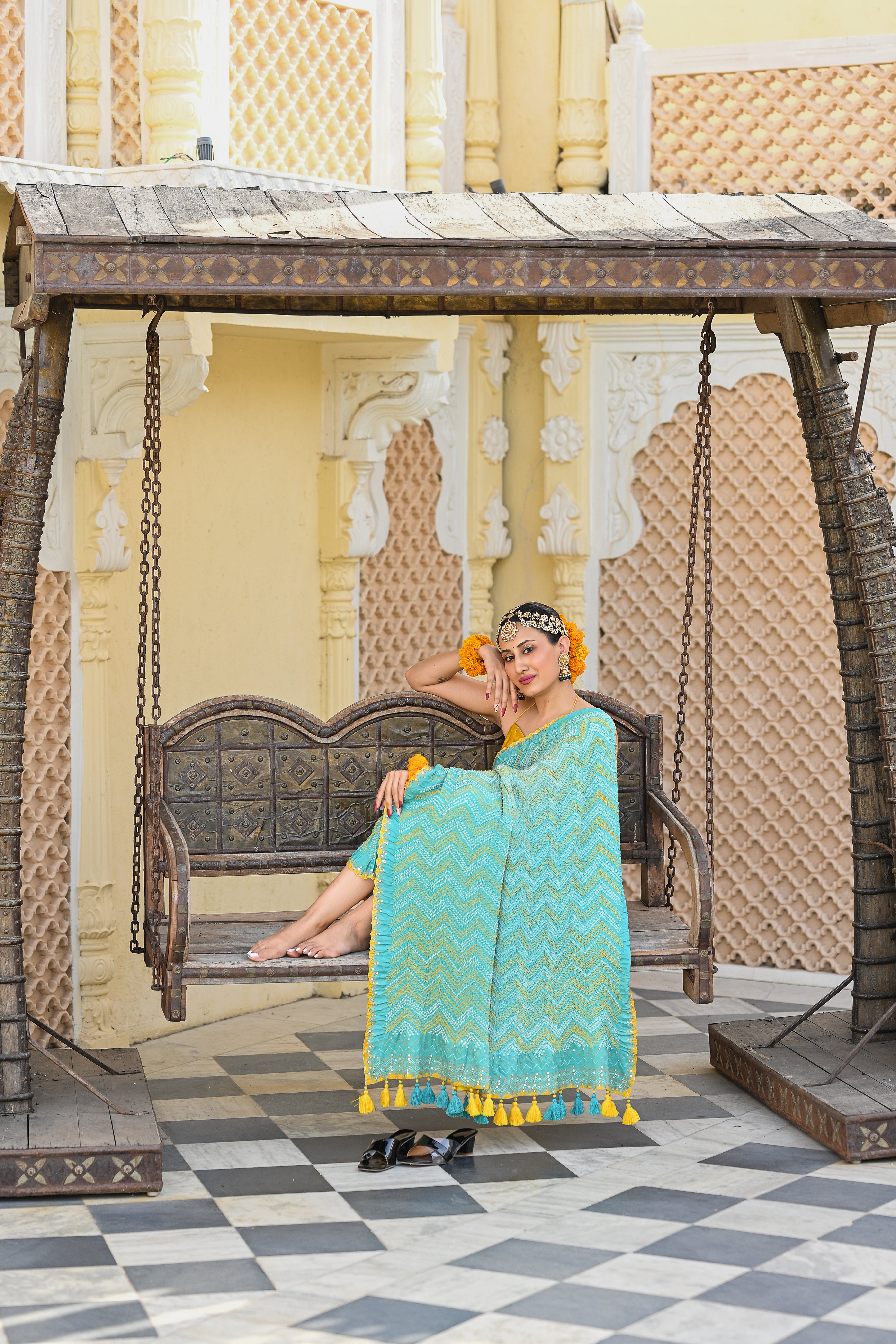 LIGHT BLUE CHEVRON SILK BANDHANI SEMBROIDERED SAREE WITH TASSELS