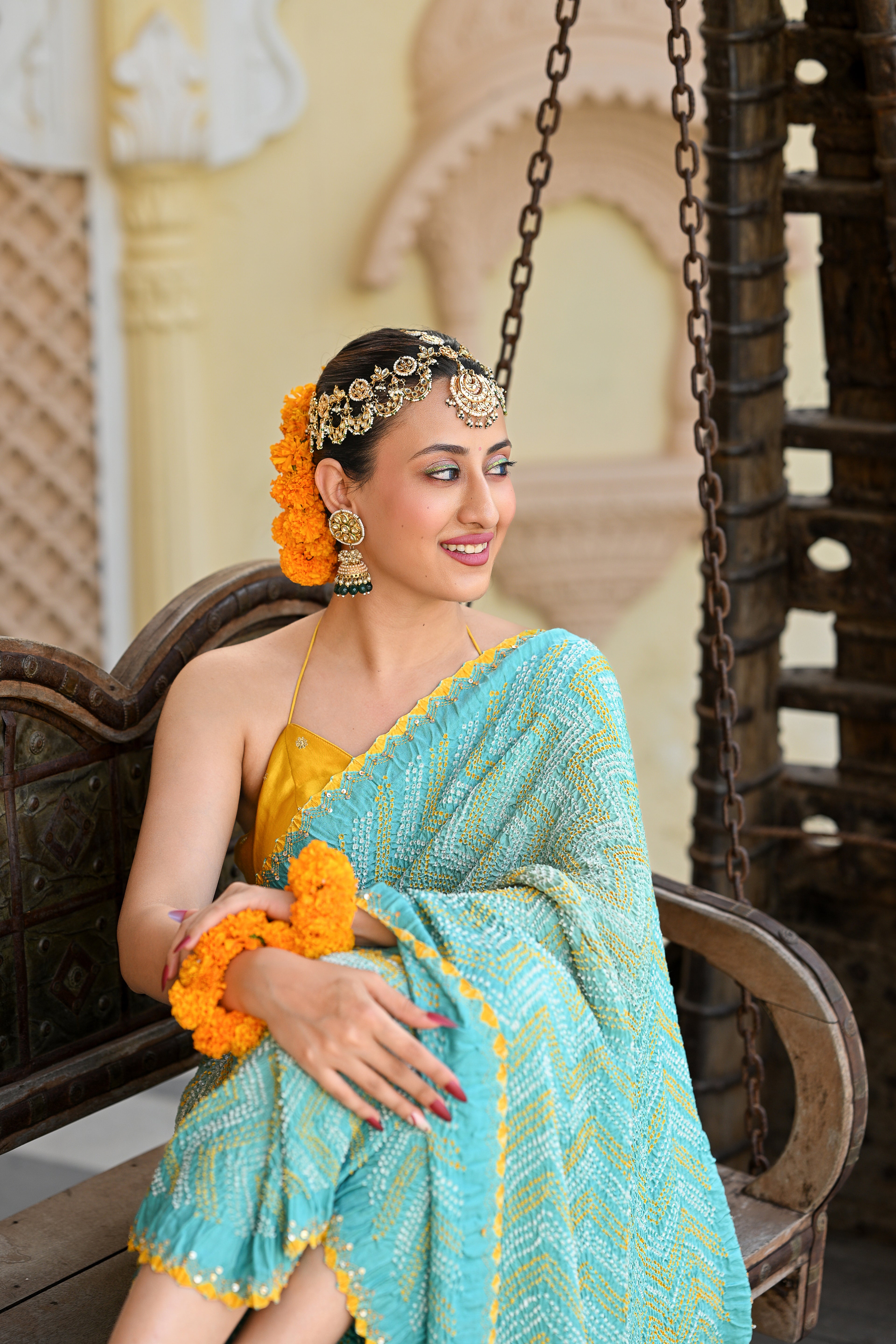 LIGHT BLUE CHEVRON SILK BANDHANI SEMBROIDERED SAREE WITH TASSELS