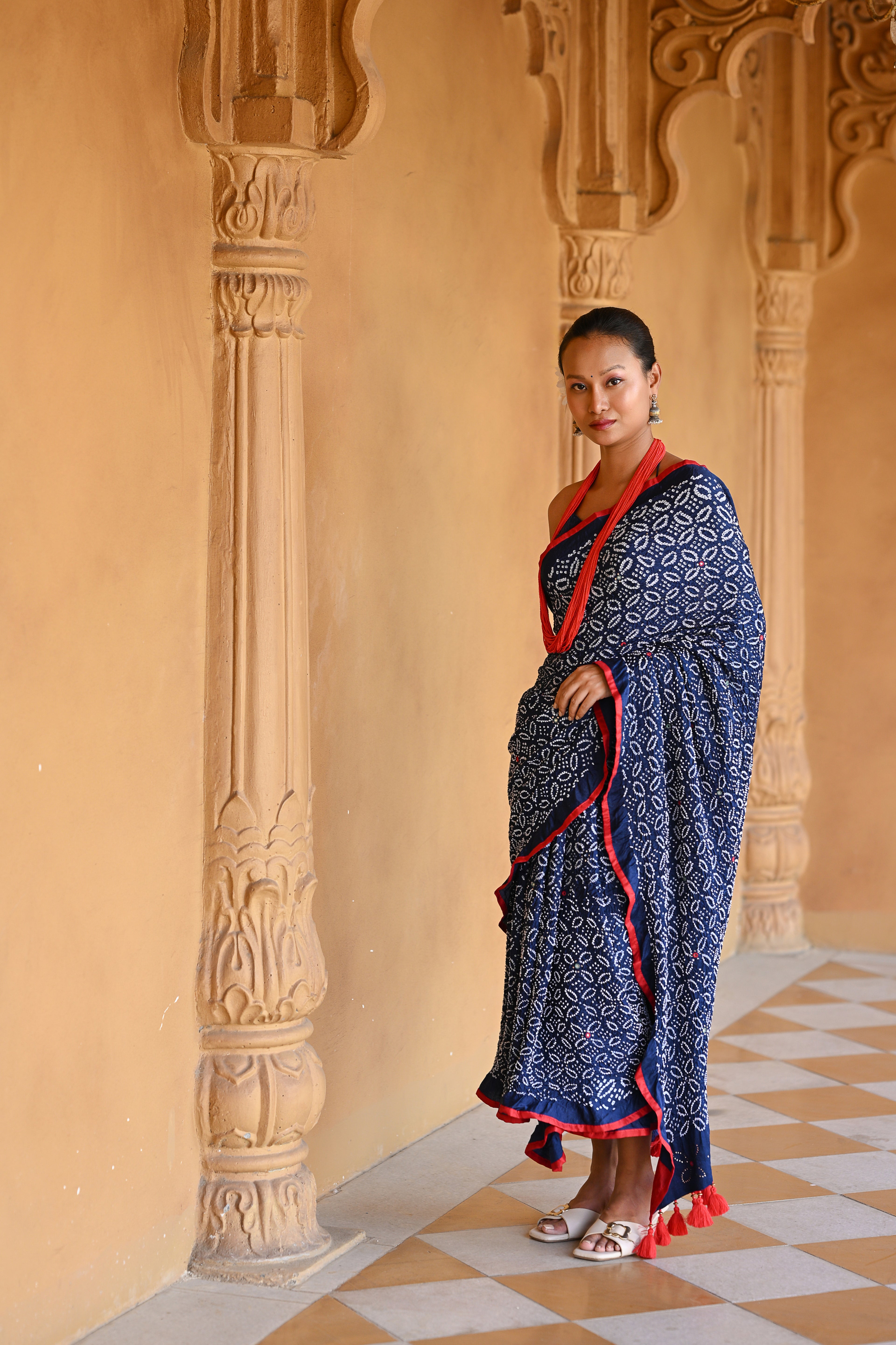 INDIGO BLUE FLORAL EMBROIDERED SILK BANDHANI SAREE WITH TASSELS