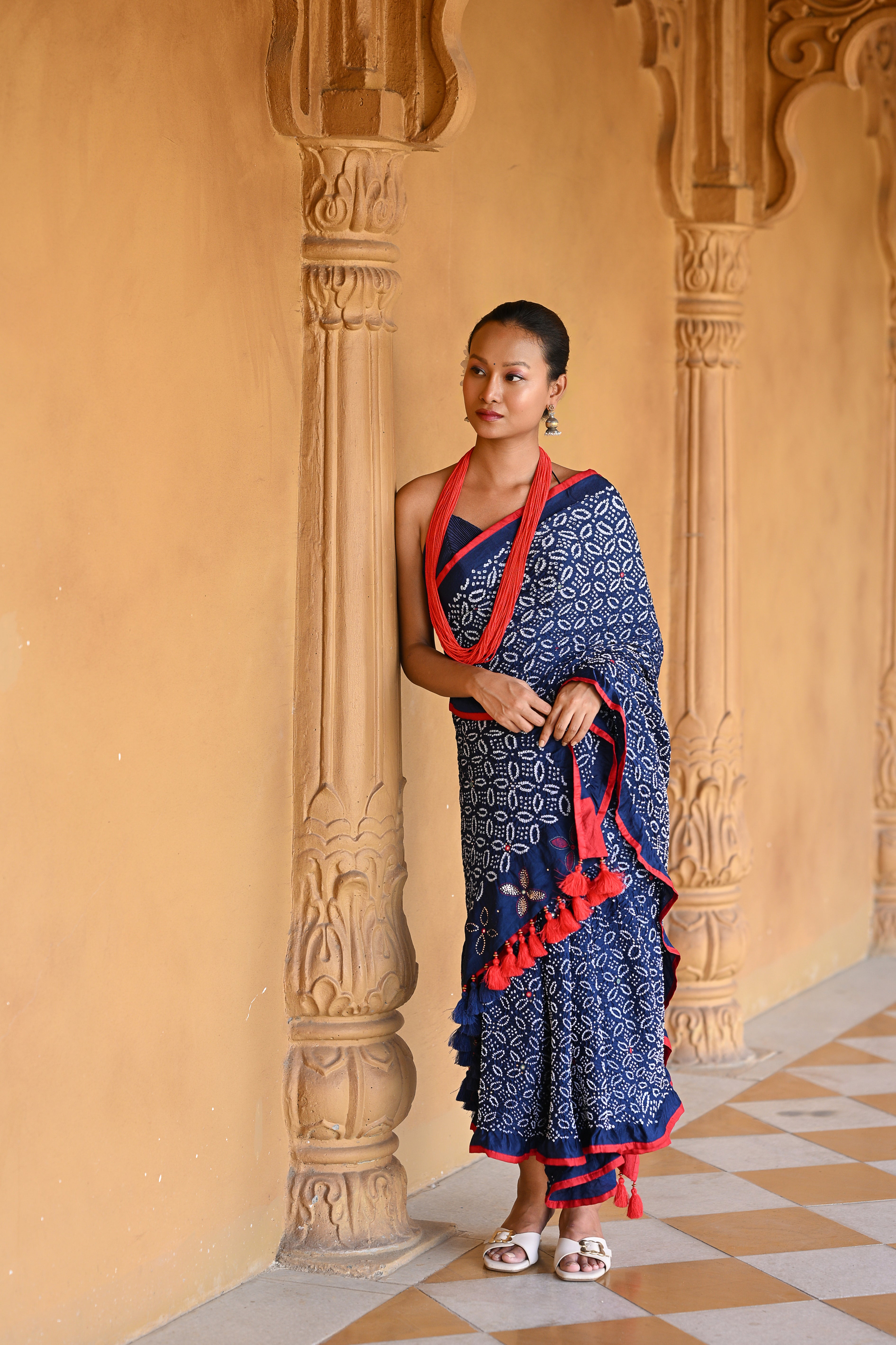 INDIGO BLUE FLORAL EMBROIDERED SILK BANDHANI SAREE WITH TASSELS