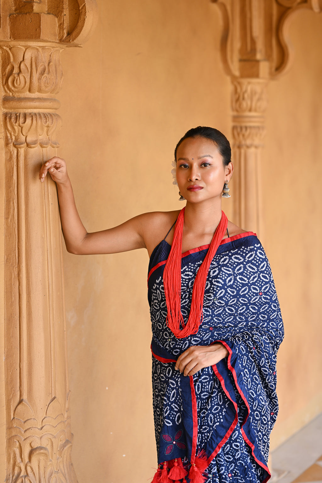 INDIGO BLUE FLORAL EMBROIDERED SILK BANDHANI SAREE WITH TASSELS