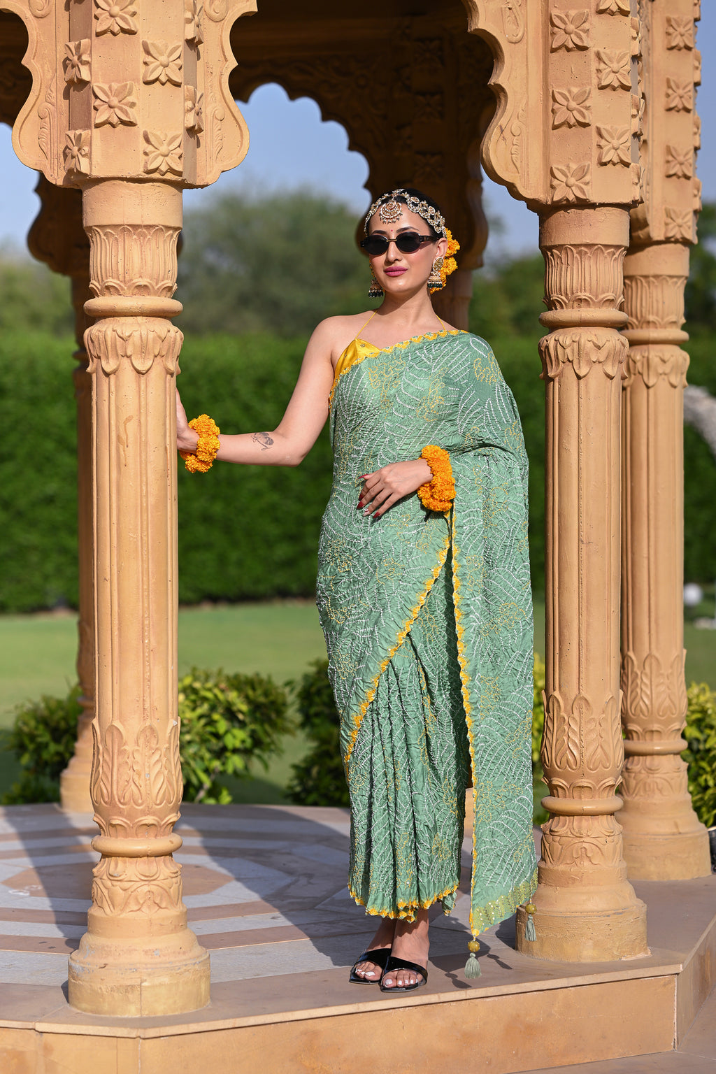 LIGHT GREEN JAPANESE WAVE SILK BANDHANI EMBROIDERED SAREE WITH TASSELS