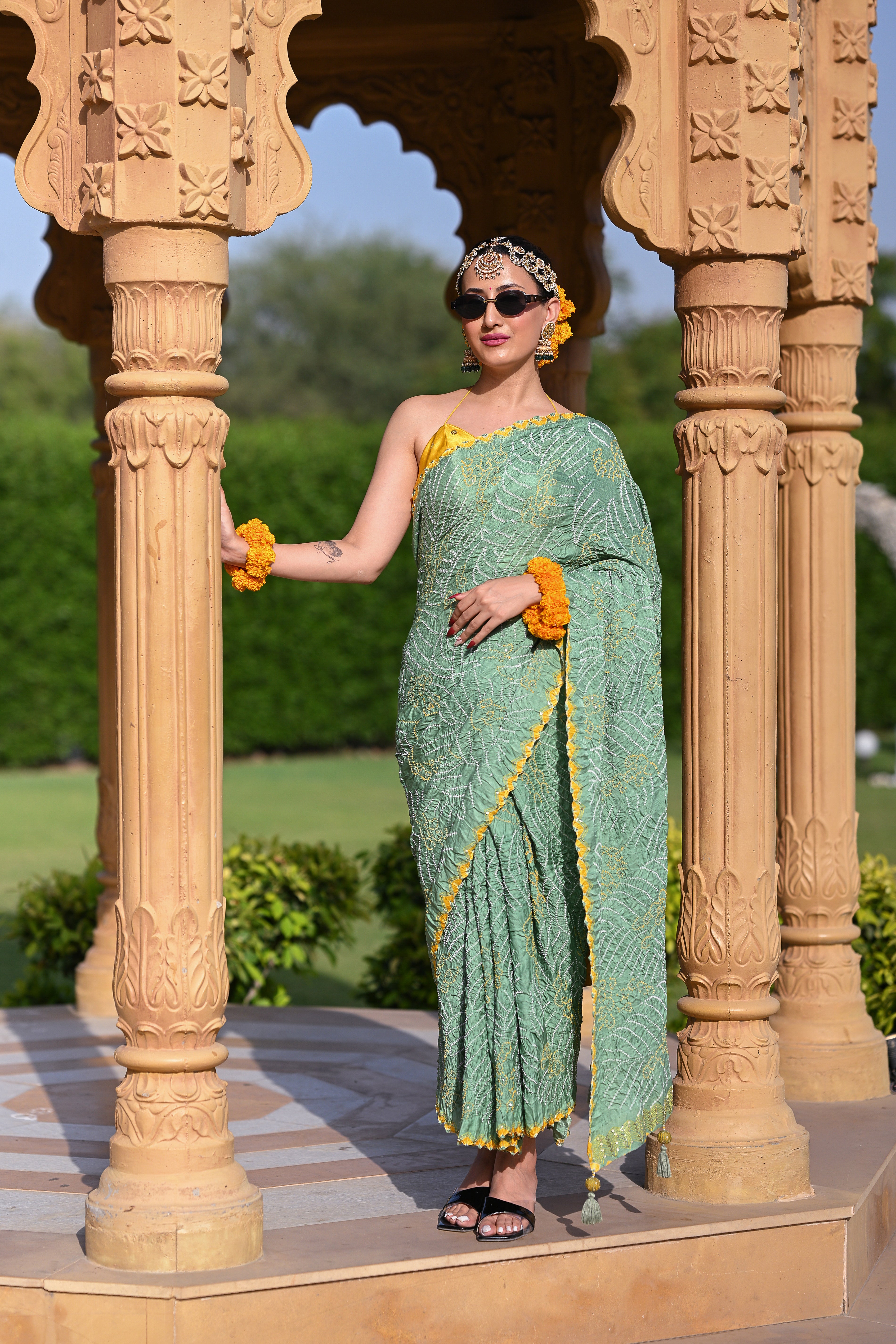 LIGHT GREEN JAPANESE WAVE SILK BANDHANI EMBROIDERED SAREE WITH TASSELS
