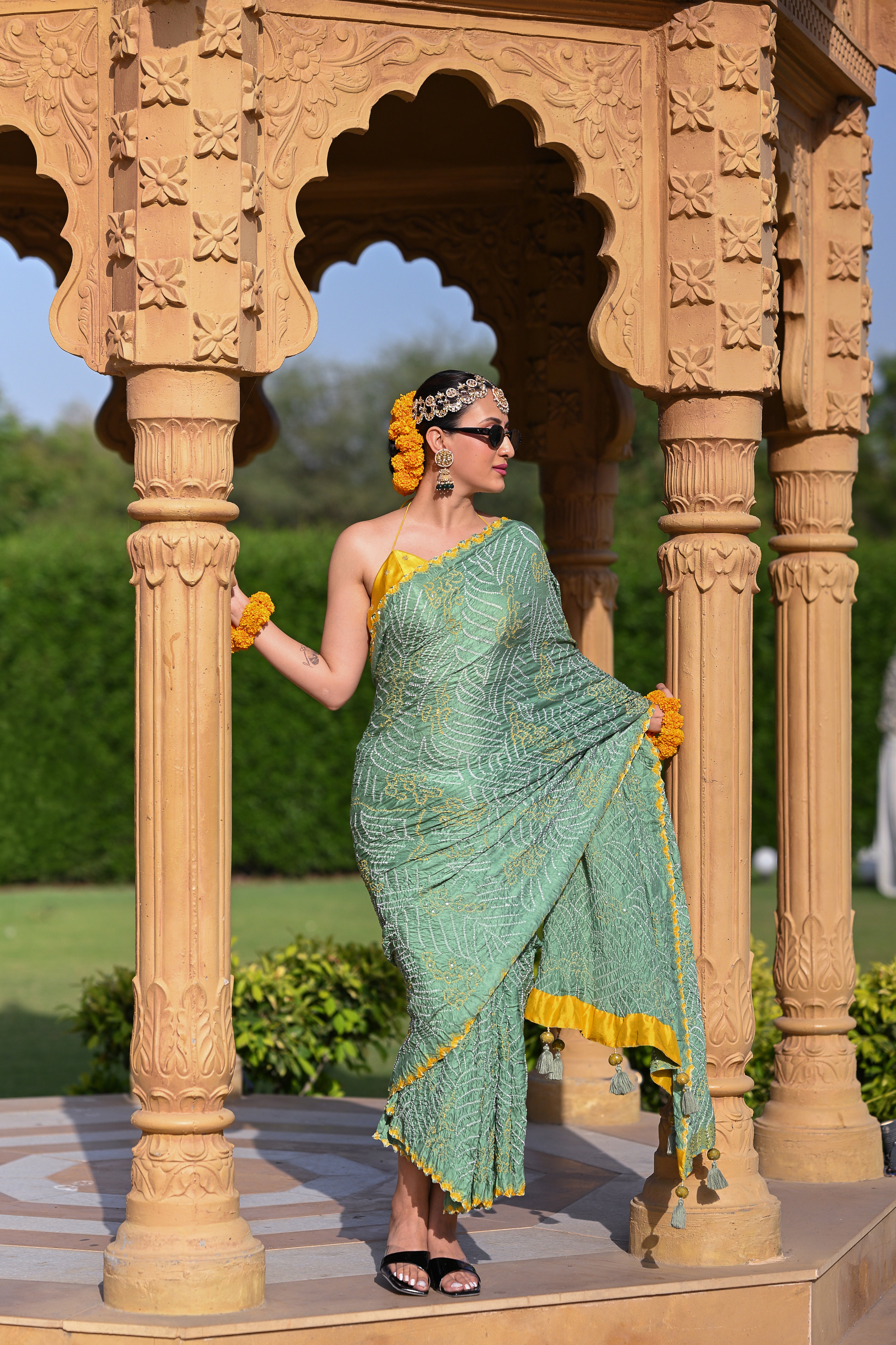 LIGHT GREEN JAPANESE WAVE SILK BANDHANI EMBROIDERED SAREE WITH TASSELS