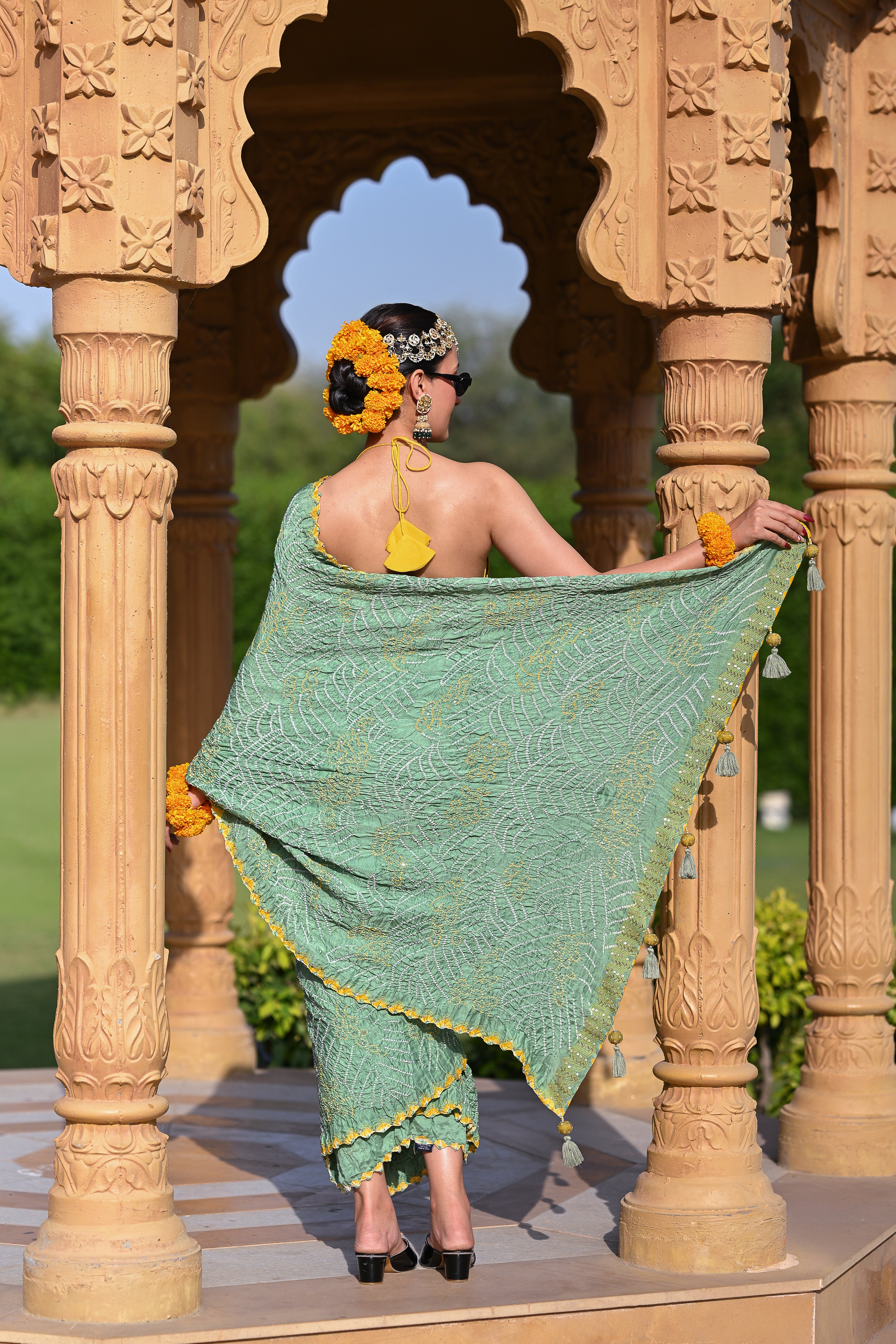 LIGHT GREEN JAPANESE WAVE SILK BANDHANI EMBROIDERED SAREE WITH TASSELS