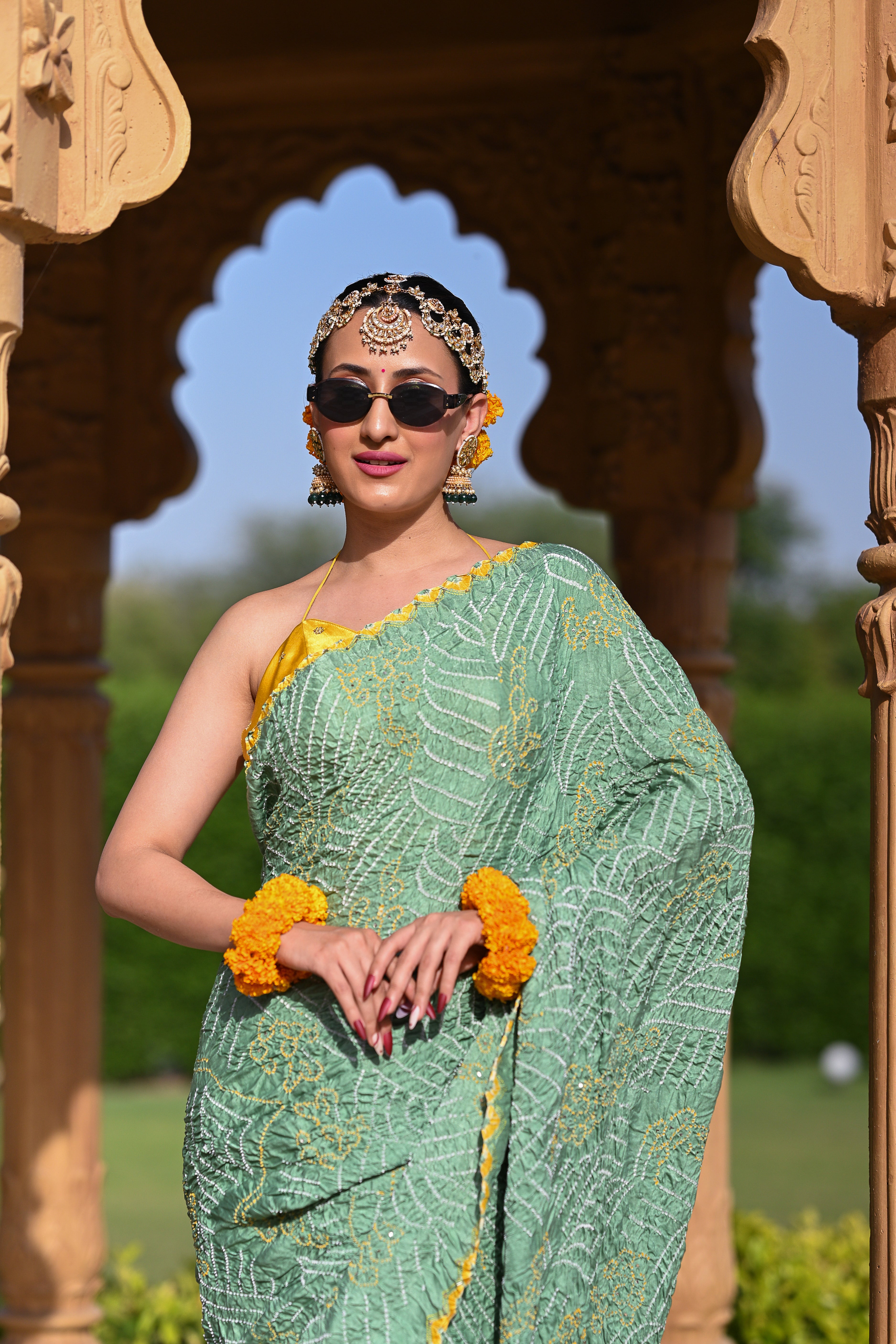 LIGHT GREEN JAPANESE WAVE SILK BANDHANI EMBROIDERED SAREE WITH TASSELS
