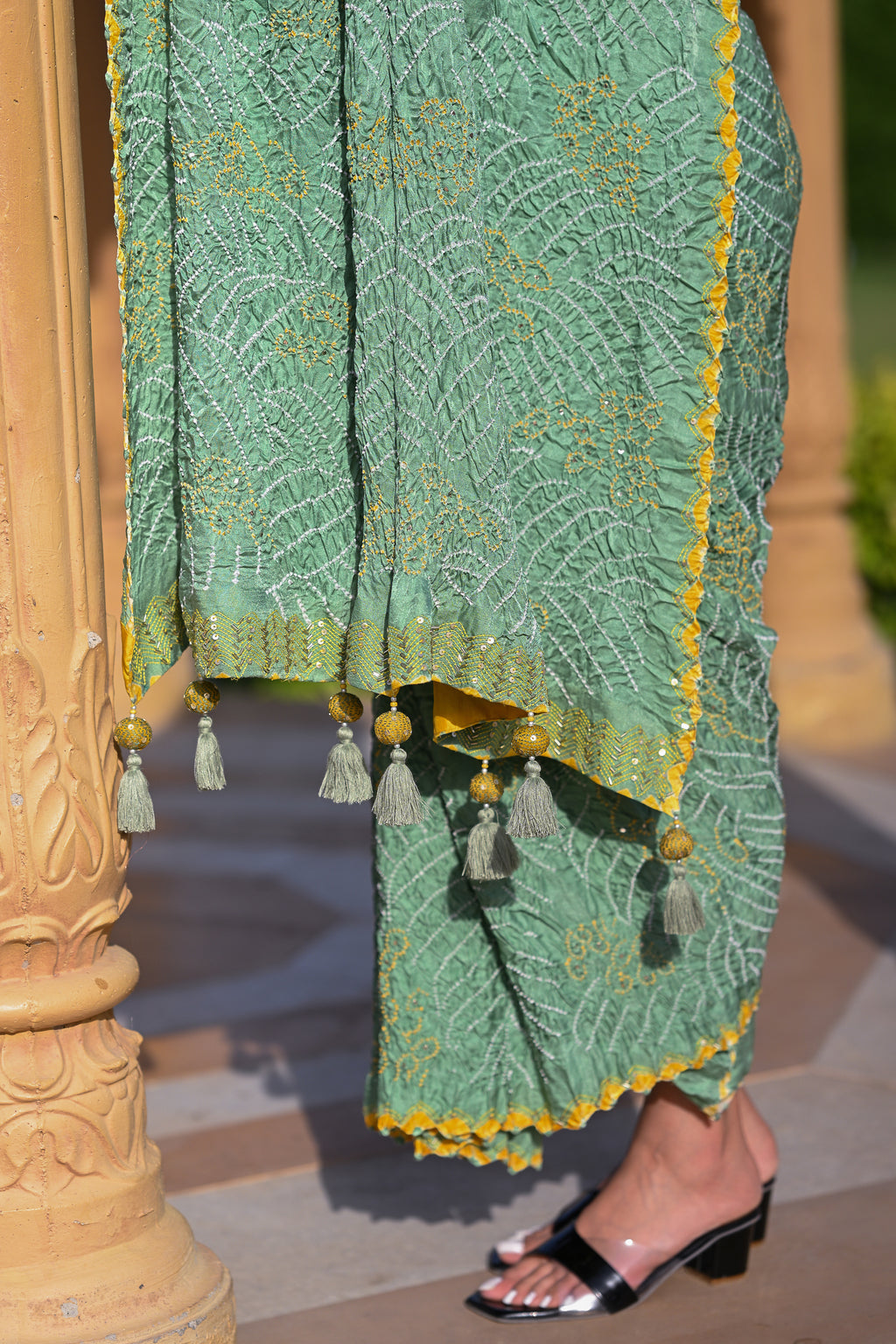 LIGHT GREEN JAPANESE WAVE SILK BANDHANI EMBROIDERED SAREE WITH TASSELS