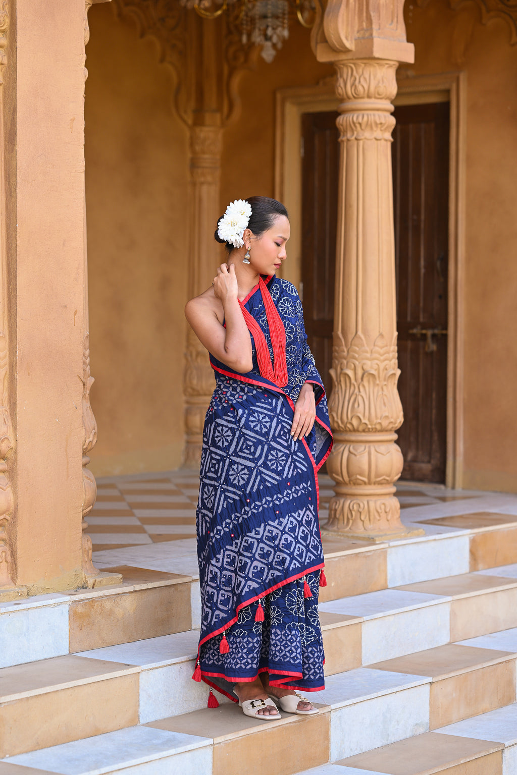 INDIGO BLUE APPLIQUE EMBROIDERED SILK BANDHANI SAREE WITH TASSELS