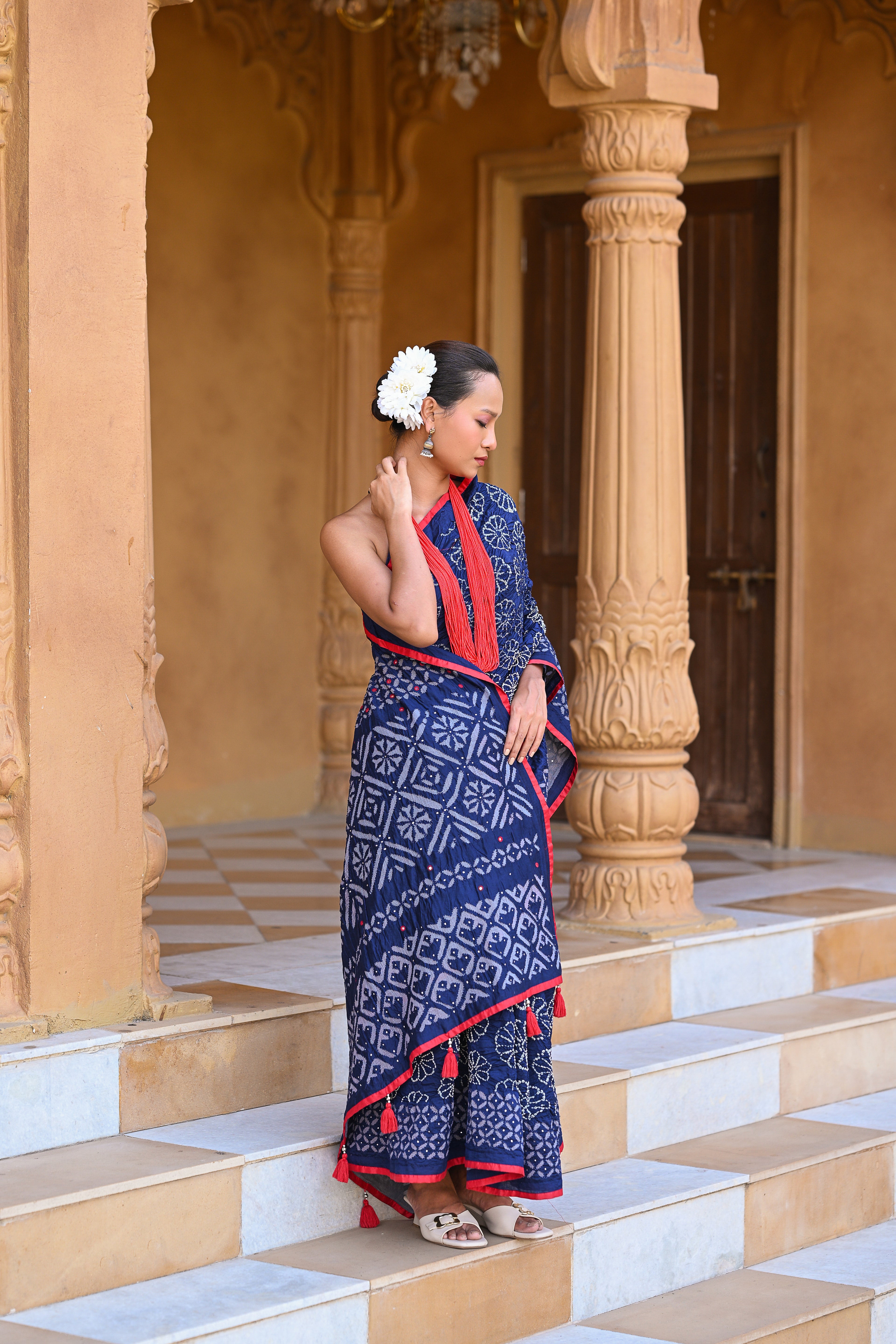 INDIGO BLUE APPLIQUE EMBROIDERED SILK BANDHANI SAREE WITH TASSELS