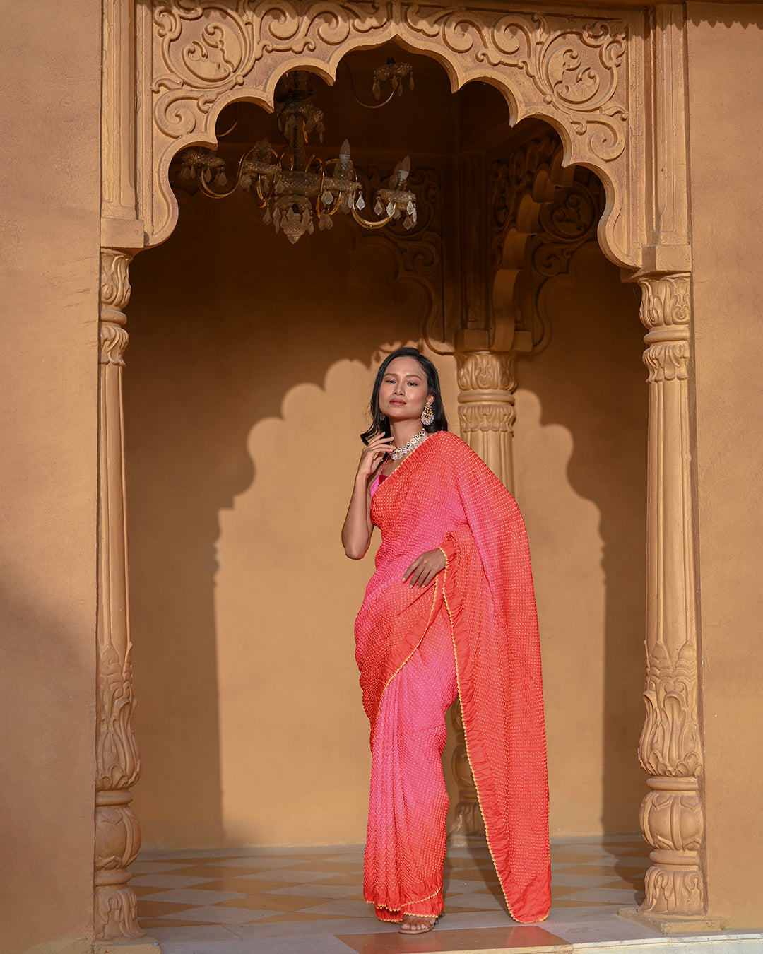 PEACH-PINK ETERNAL DOTS BANDHANI SILK SAREE