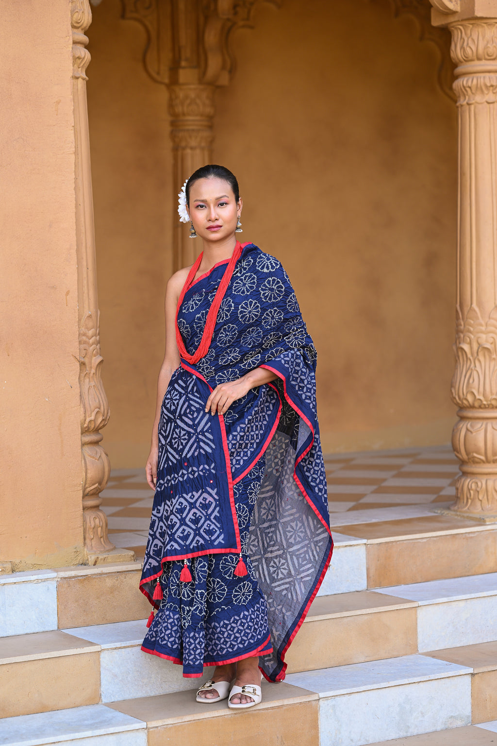 INDIGO BLUE APPLIQUE EMBROIDERED SILK BANDHANI SAREE WITH TASSELS
