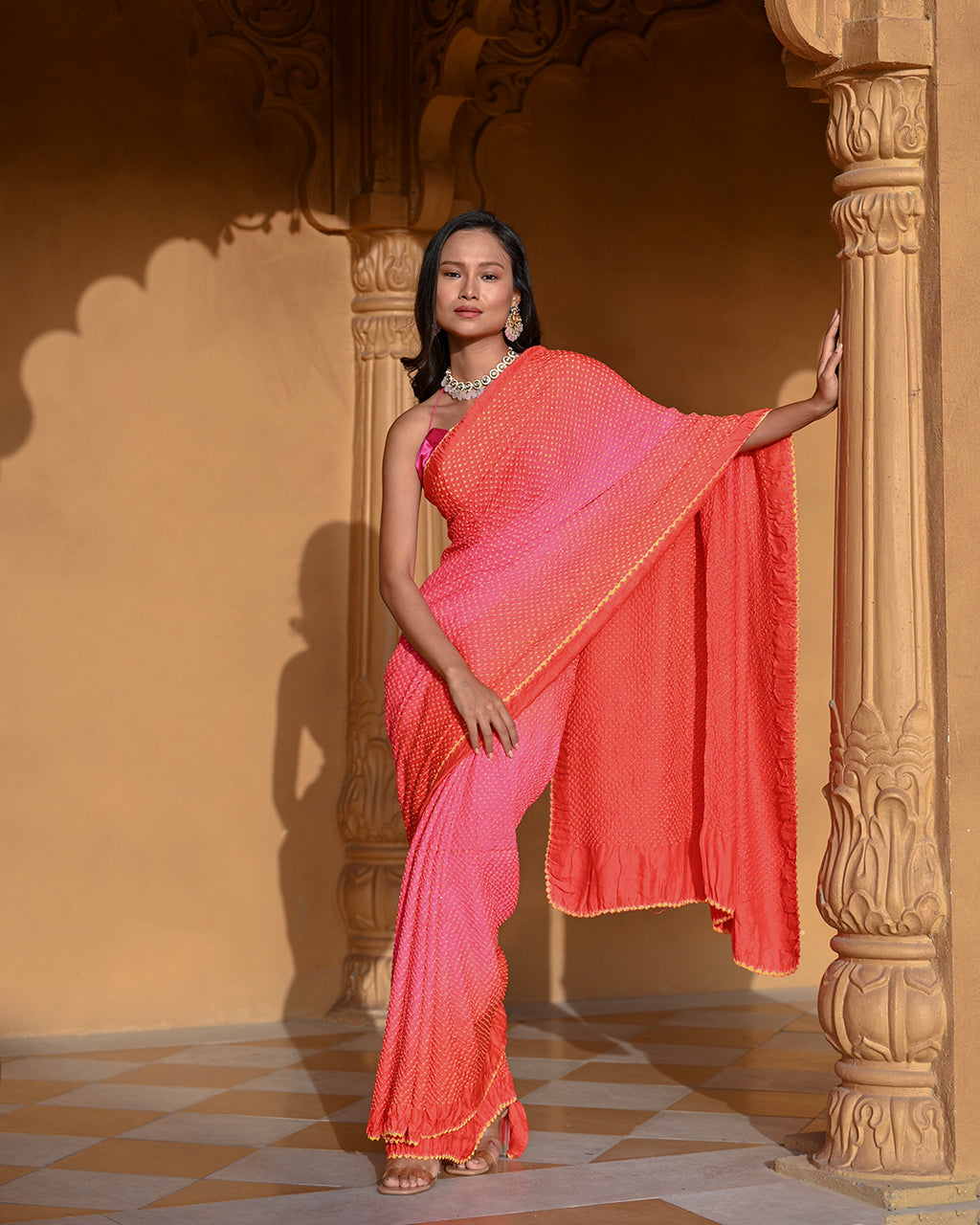PEACH-PINK ETERNAL DOTS BANDHANI SILK SAREE