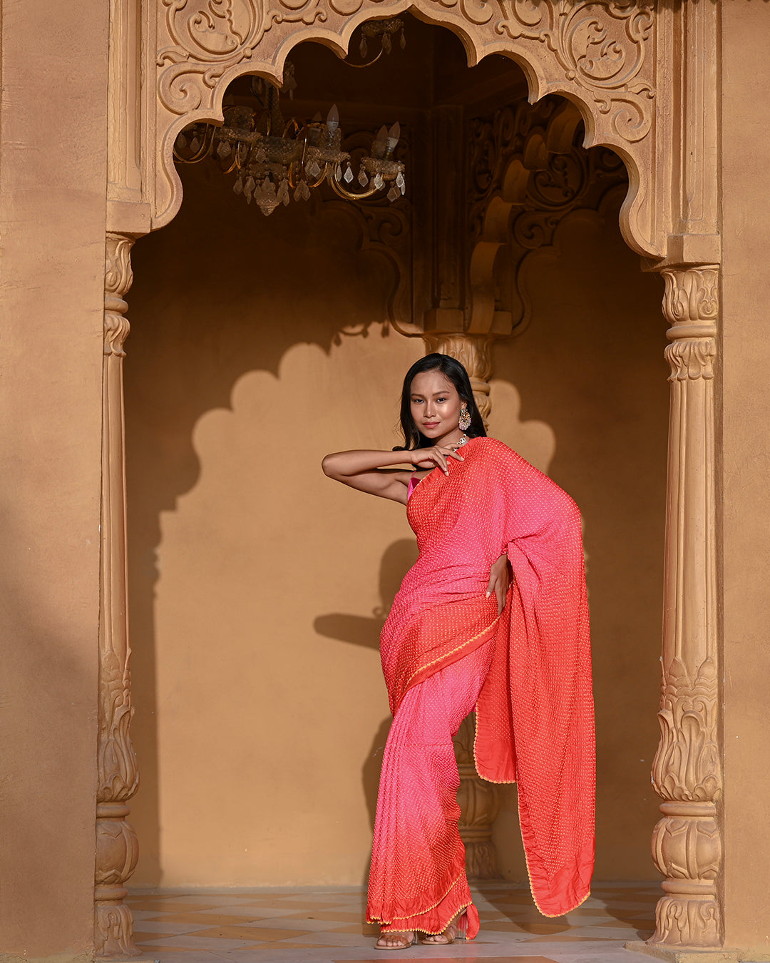 PEACH-PINK ETERNAL DOTS BANDHANI SILK SAREE
