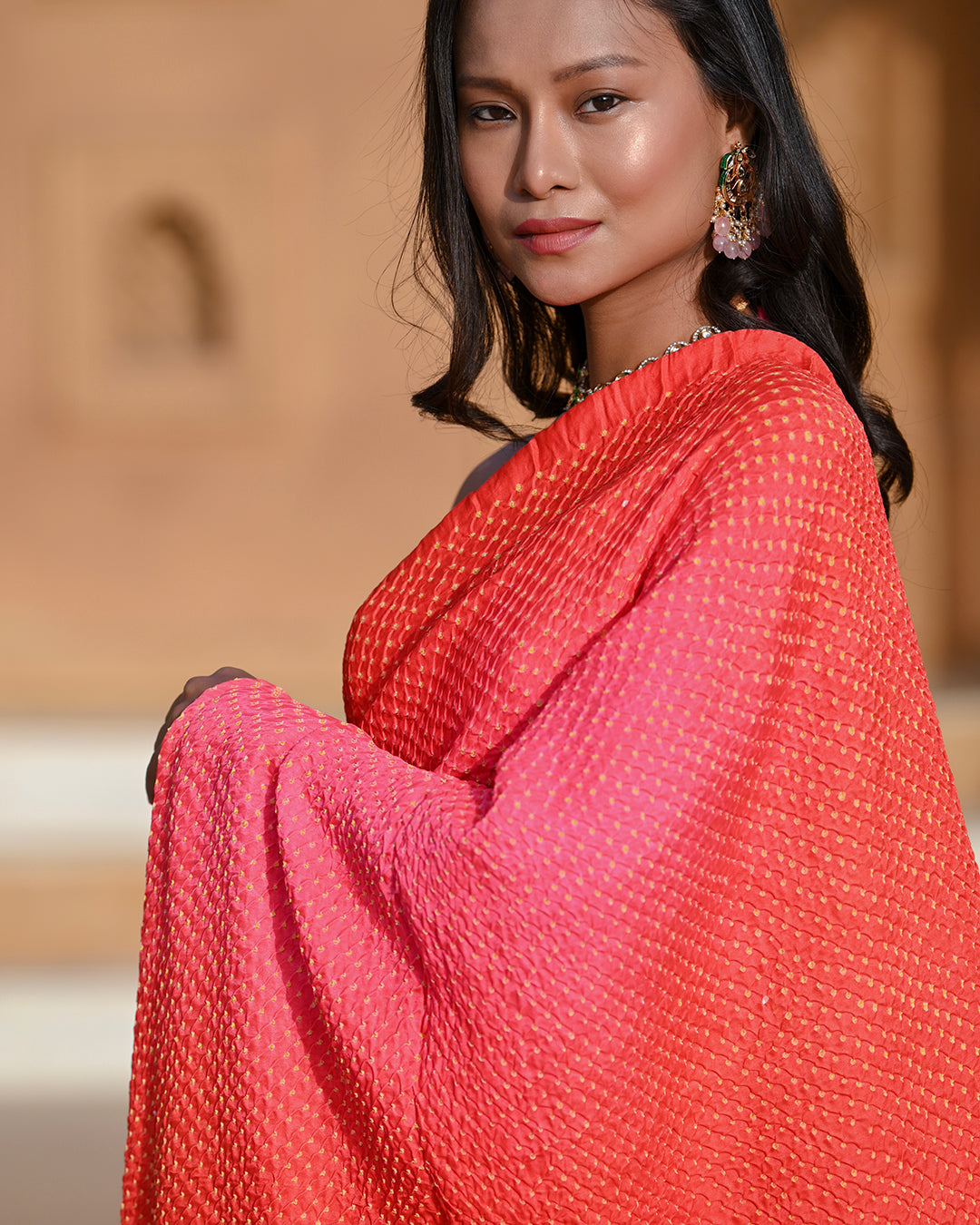 PEACH-PINK ETERNAL DOTS BANDHANI SILK SAREE