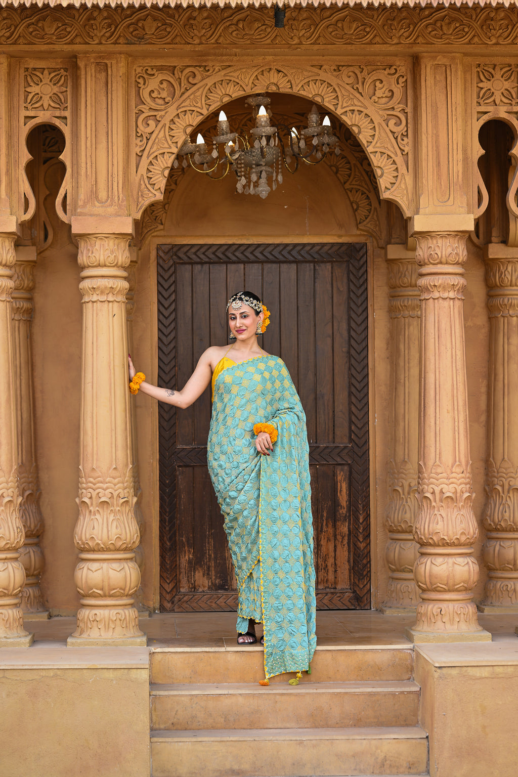 LIGHT BLUE SQUARE GEOMETRY SILK BANDHANI EMBROIDERED SAREE