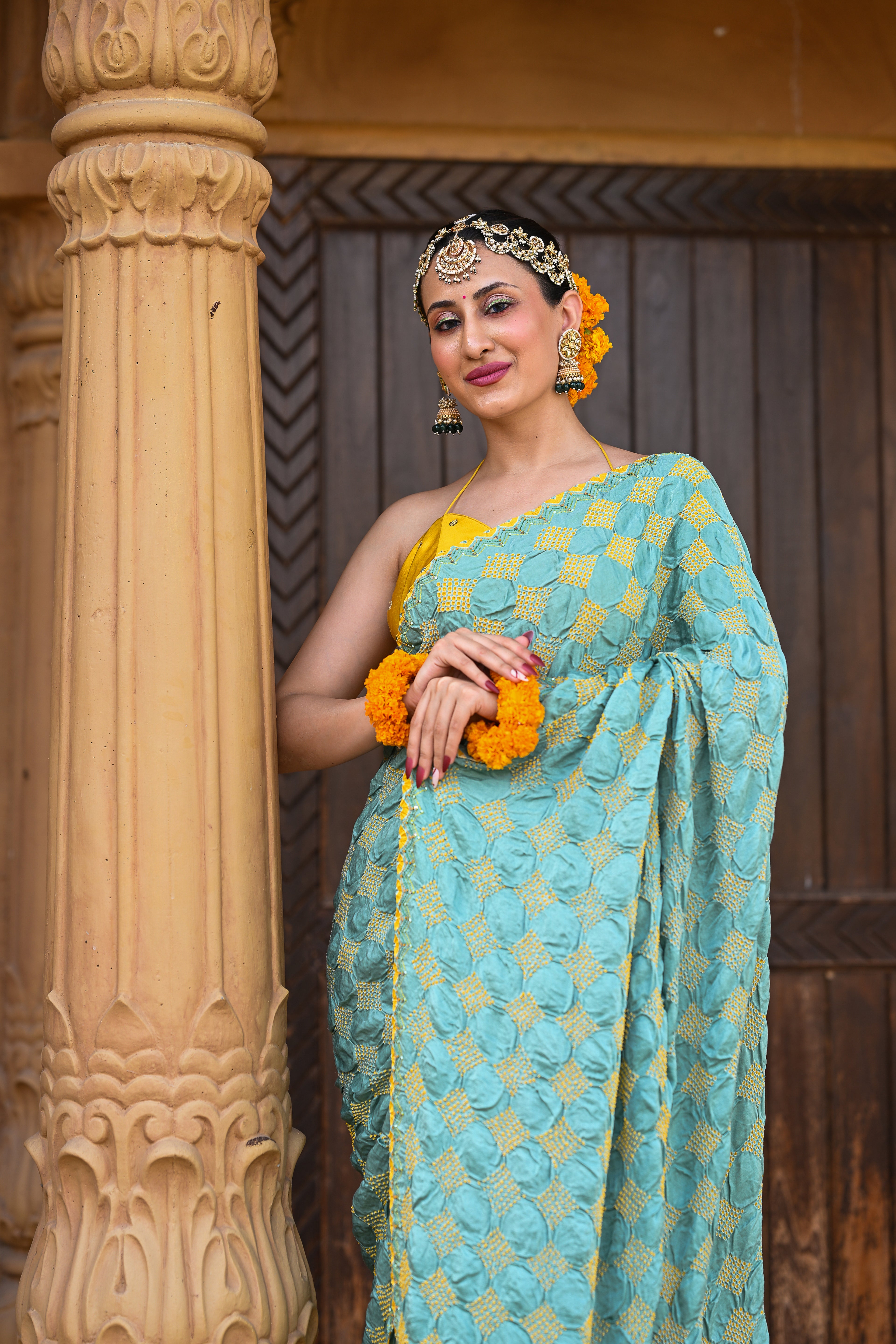 LIGHT BLUE SQUARE GEOMETRY SILK BANDHANI EMBROIDERED SAREE