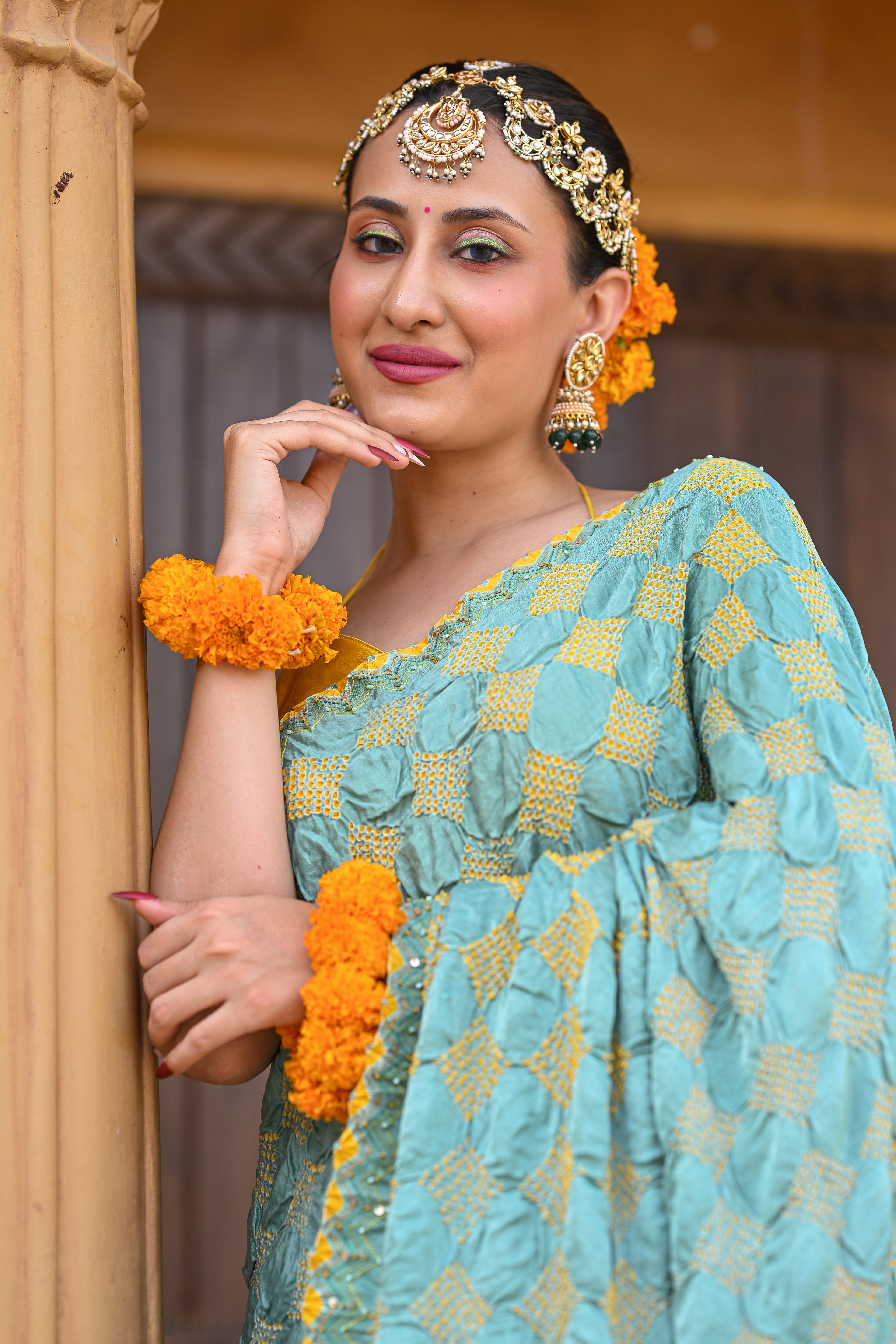 LIGHT BLUE SQUARE GEOMETRY SILK BANDHANI EMBROIDERED SAREE