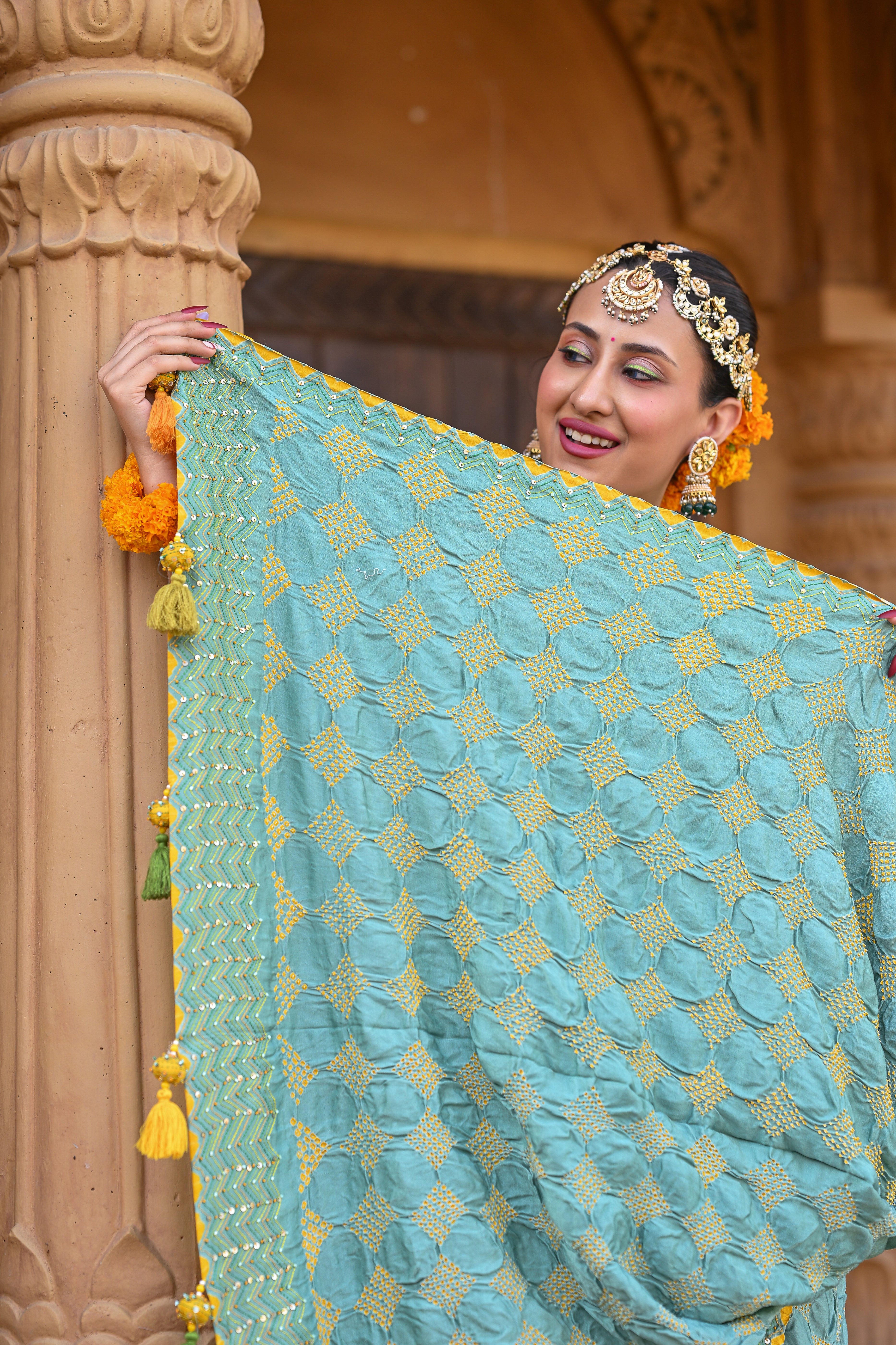 LIGHT BLUE SQUARE GEOMETRY SILK BANDHANI EMBROIDERED SAREE