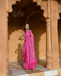 PINK YING-YANG HALF FULL HALF EMPTY POPPY FLOWER  BANDHANI SILK SAREE