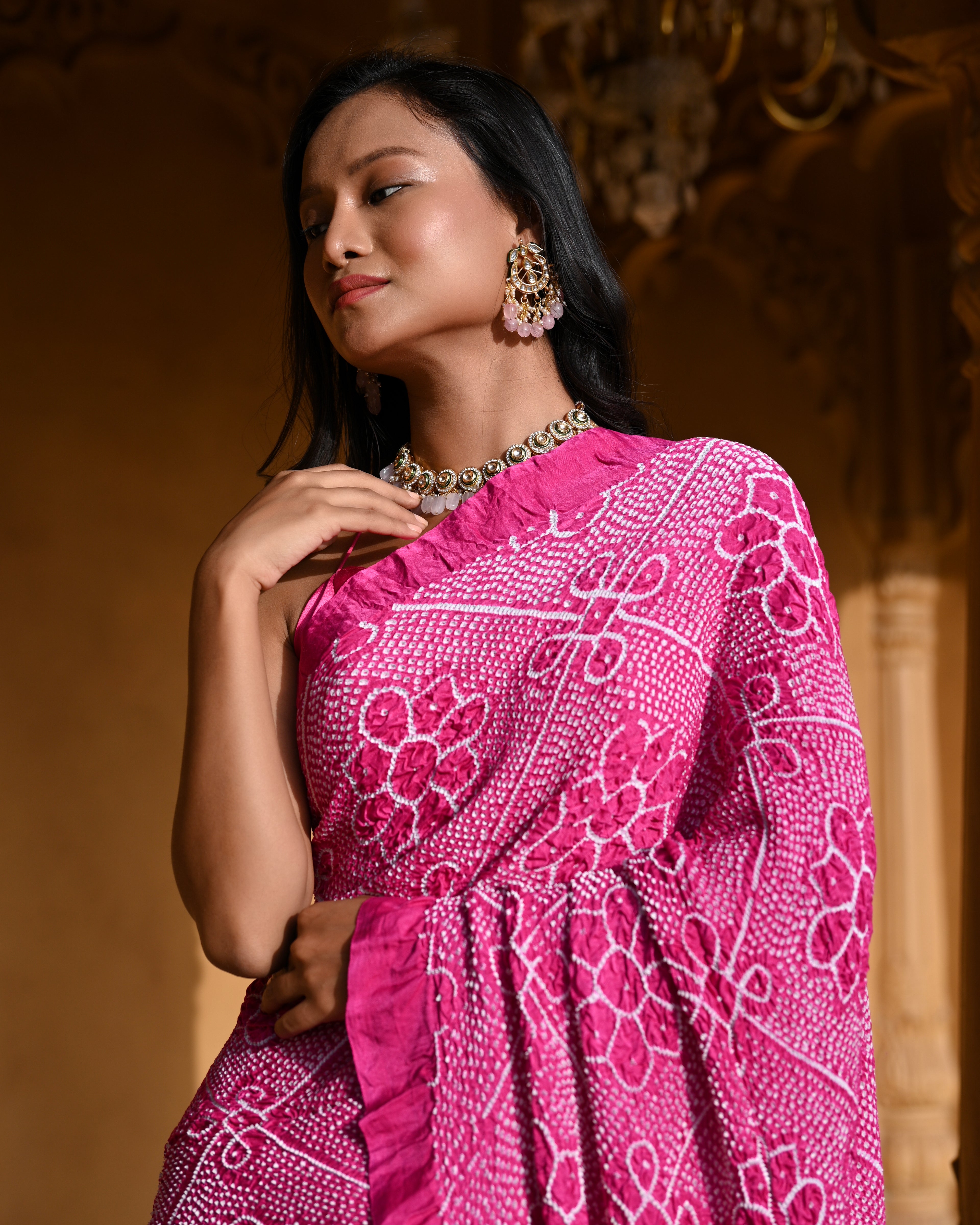 PINK YING-YANG HALF FULL HALF EMPTY POPPY FLOWER  BANDHANI SILK SAREE