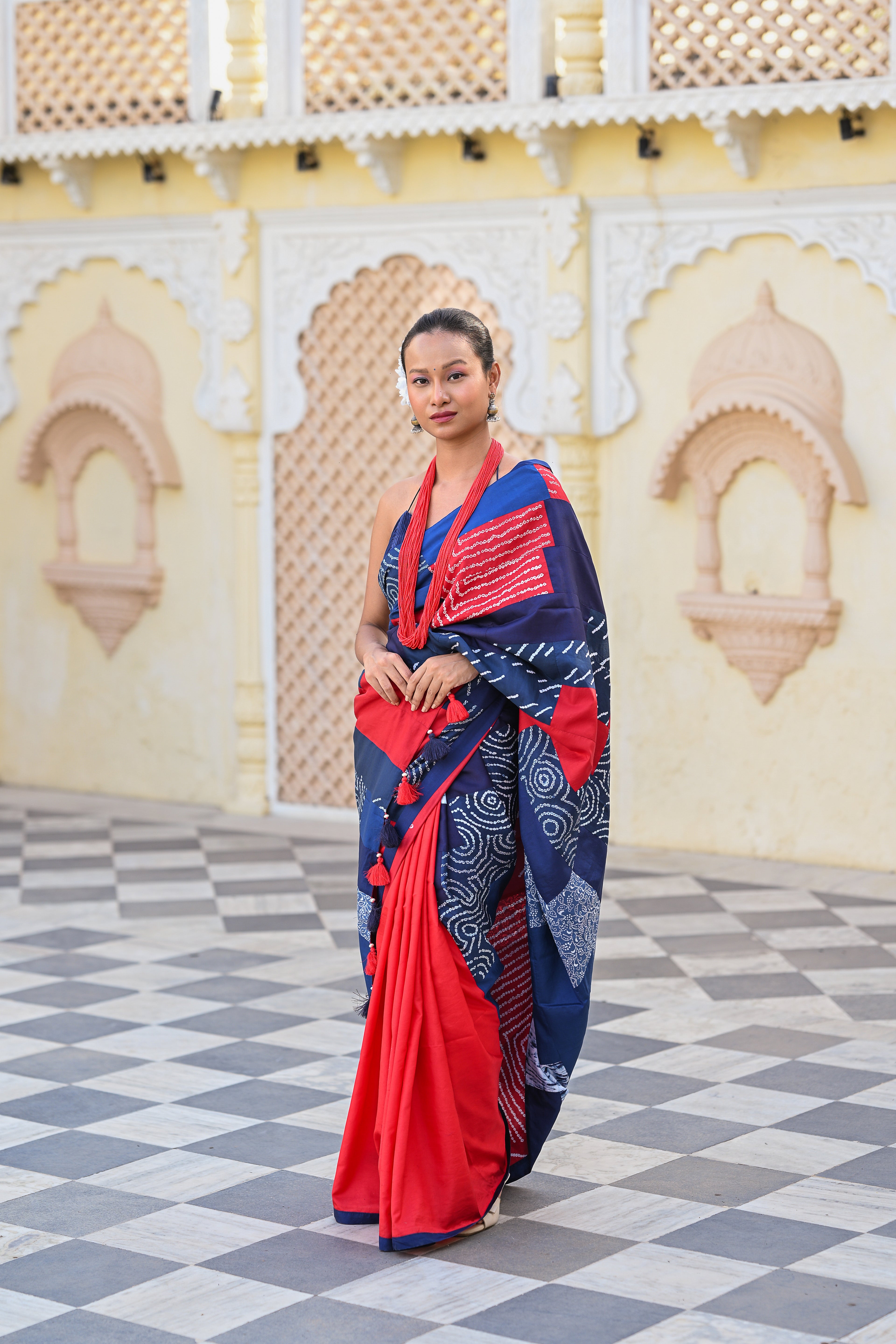 BLUE - RED REVERSIBLE PATCHWORK SILK SAREE WITH TASSELS