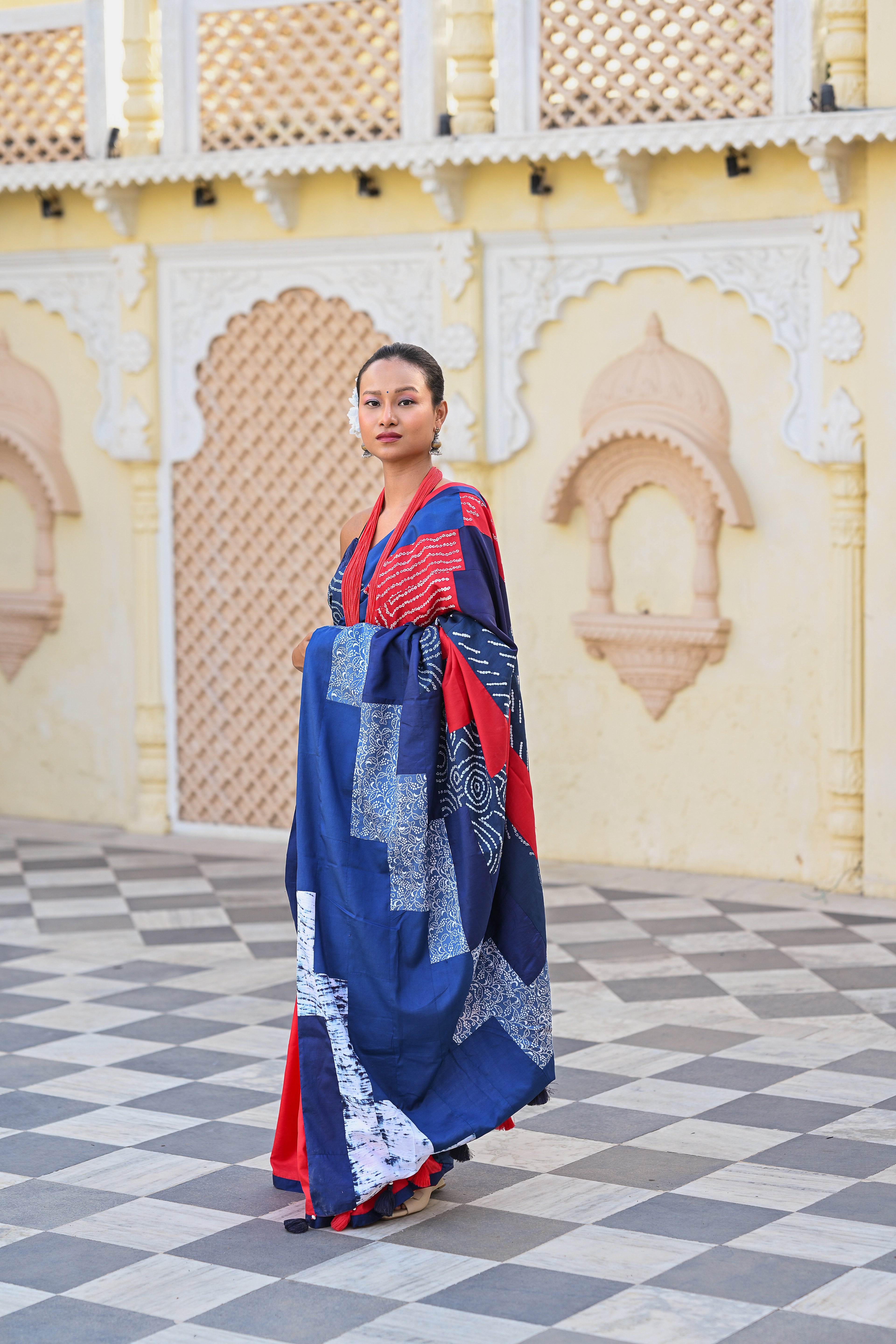 BLUE - RED REVERSIBLE PATCHWORK SILK SAREE WITH TASSELS