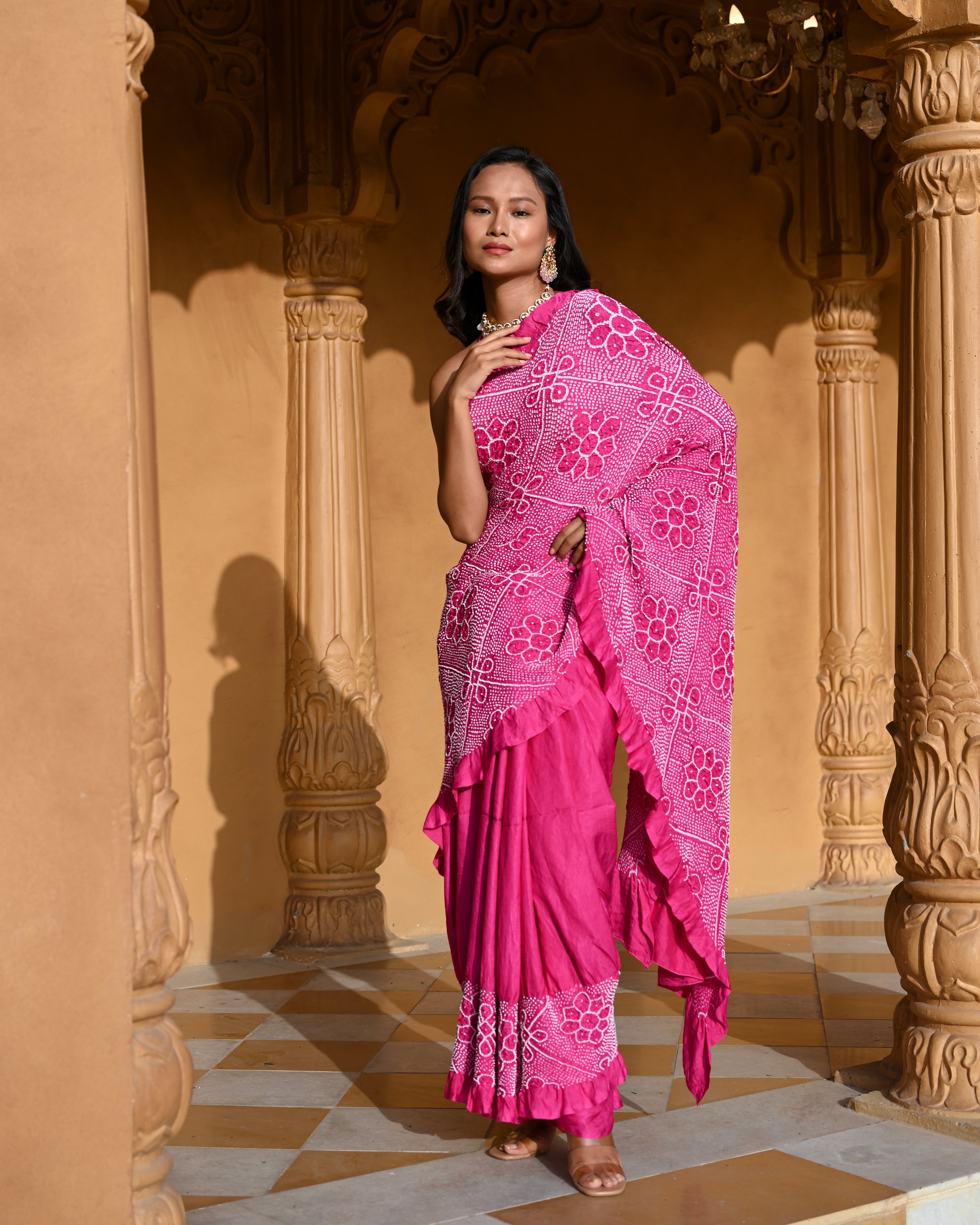 PINK YING-YANG HALF FULL HALF EMPTY POPPY FLOWER  BANDHANI SILK SAREE