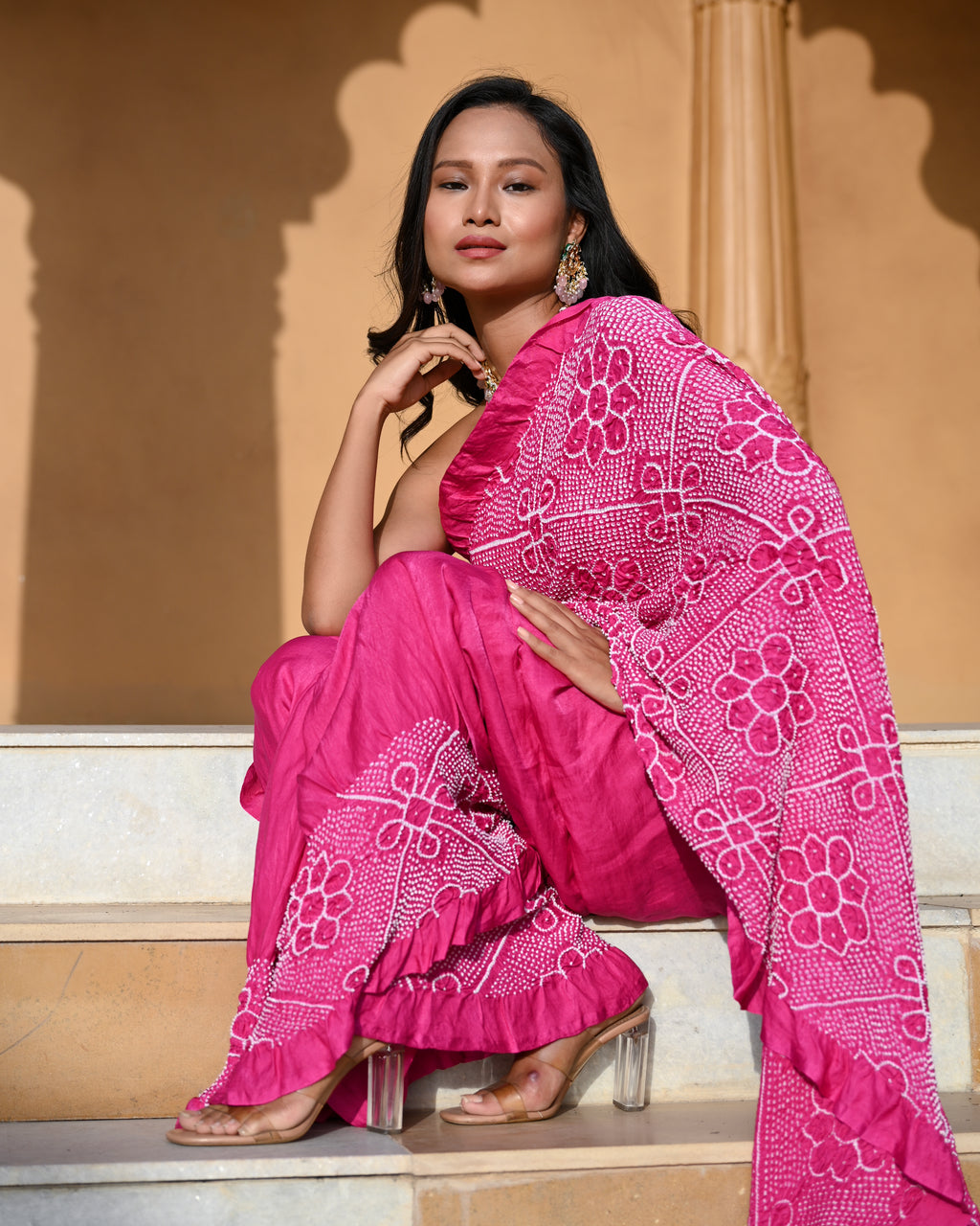 PINK YING-YANG HALF FULL HALF EMPTY POPPY FLOWER  BANDHANI SILK SAREE