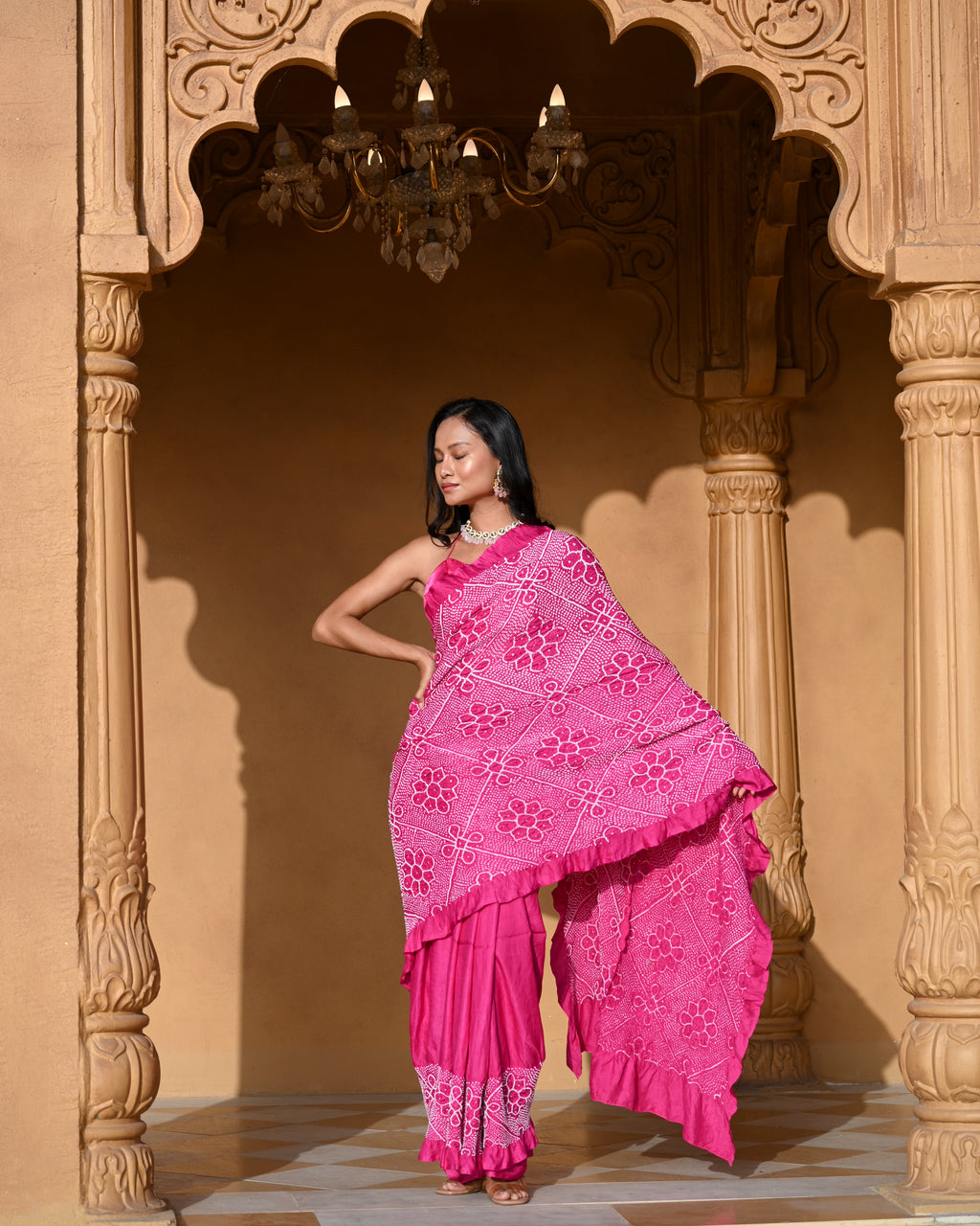PINK YING-YANG HALF FULL HALF EMPTY POPPY FLOWER  BANDHANI SILK SAREE