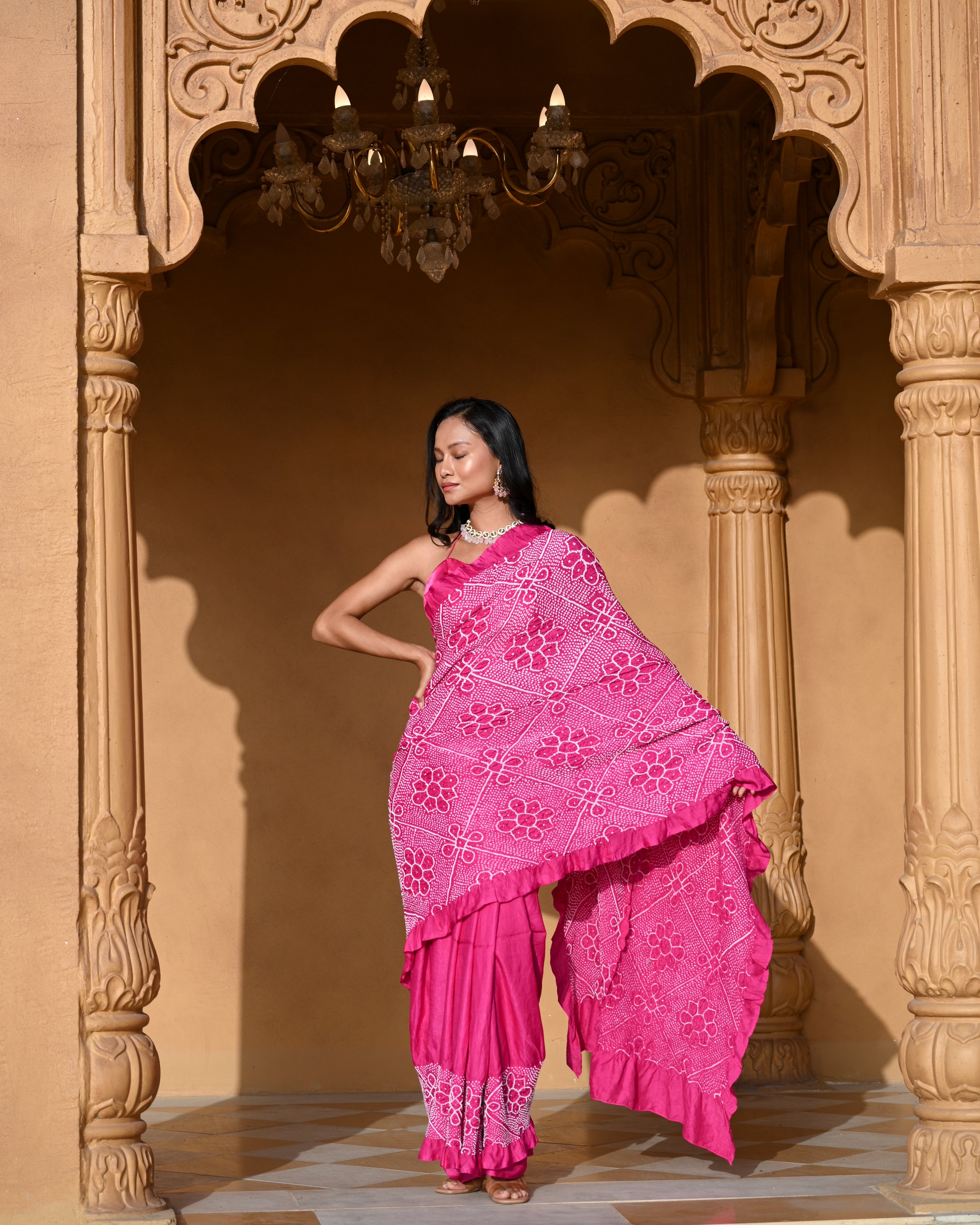 PINK YING-YANG HALF FULL HALF EMPTY POPPY FLOWER  BANDHANI SILK SAREE