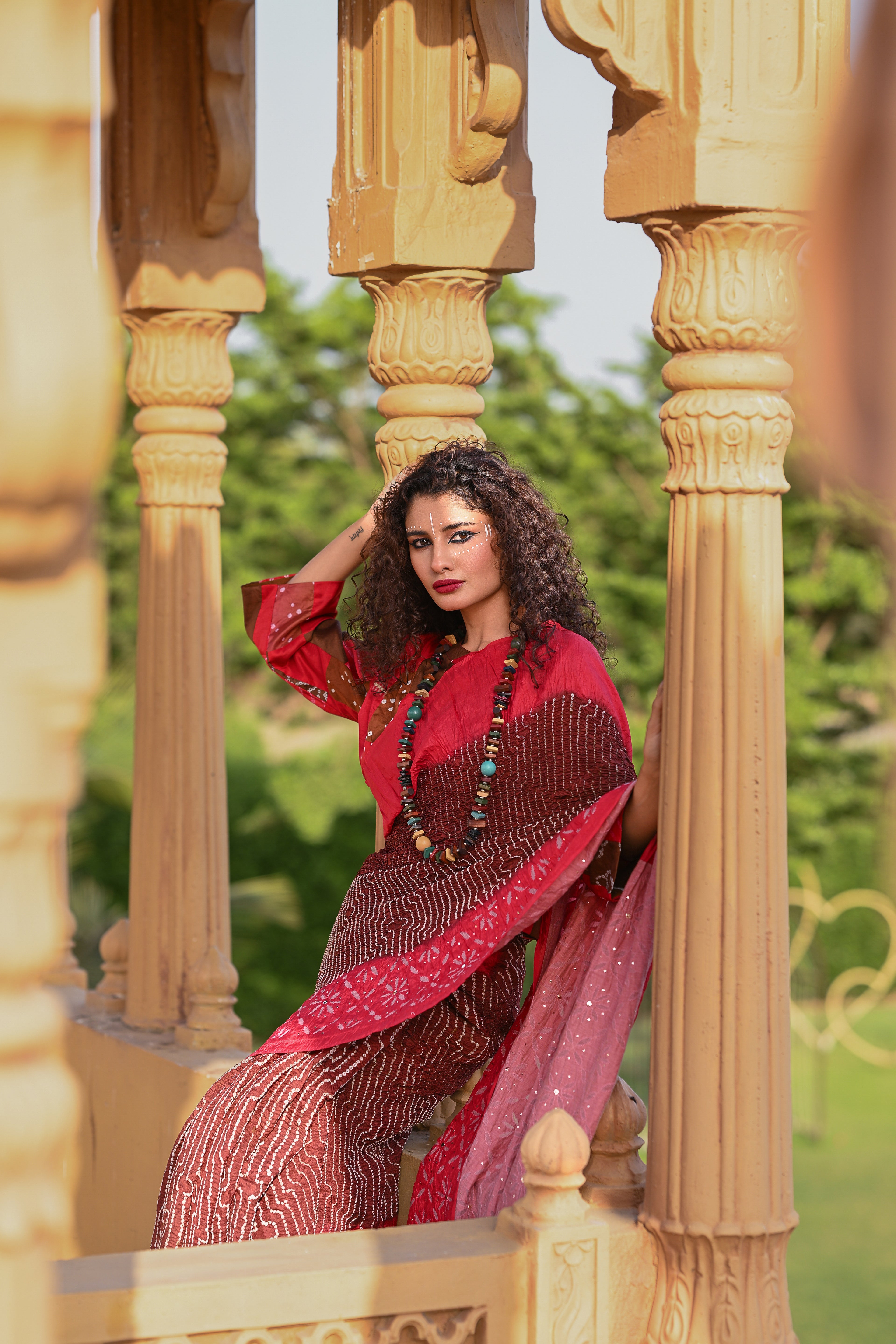 RED - BROWN APPLIQUE EMBROIDERED SILK BANDHANI SAREE WITH TASSELS