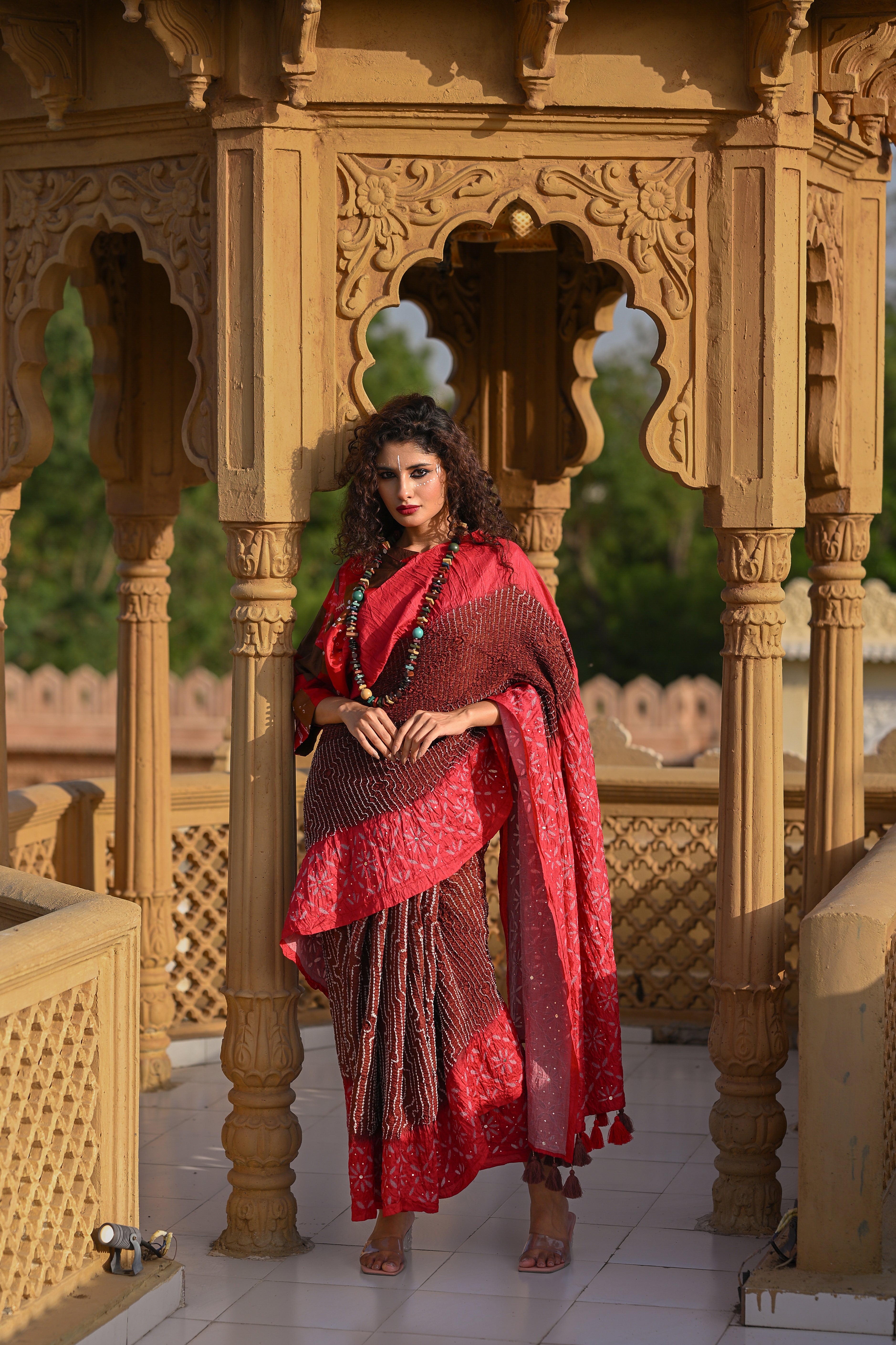 RED - BROWN APPLIQUE EMBROIDERED SILK BANDHANI SAREE WITH TASSELS