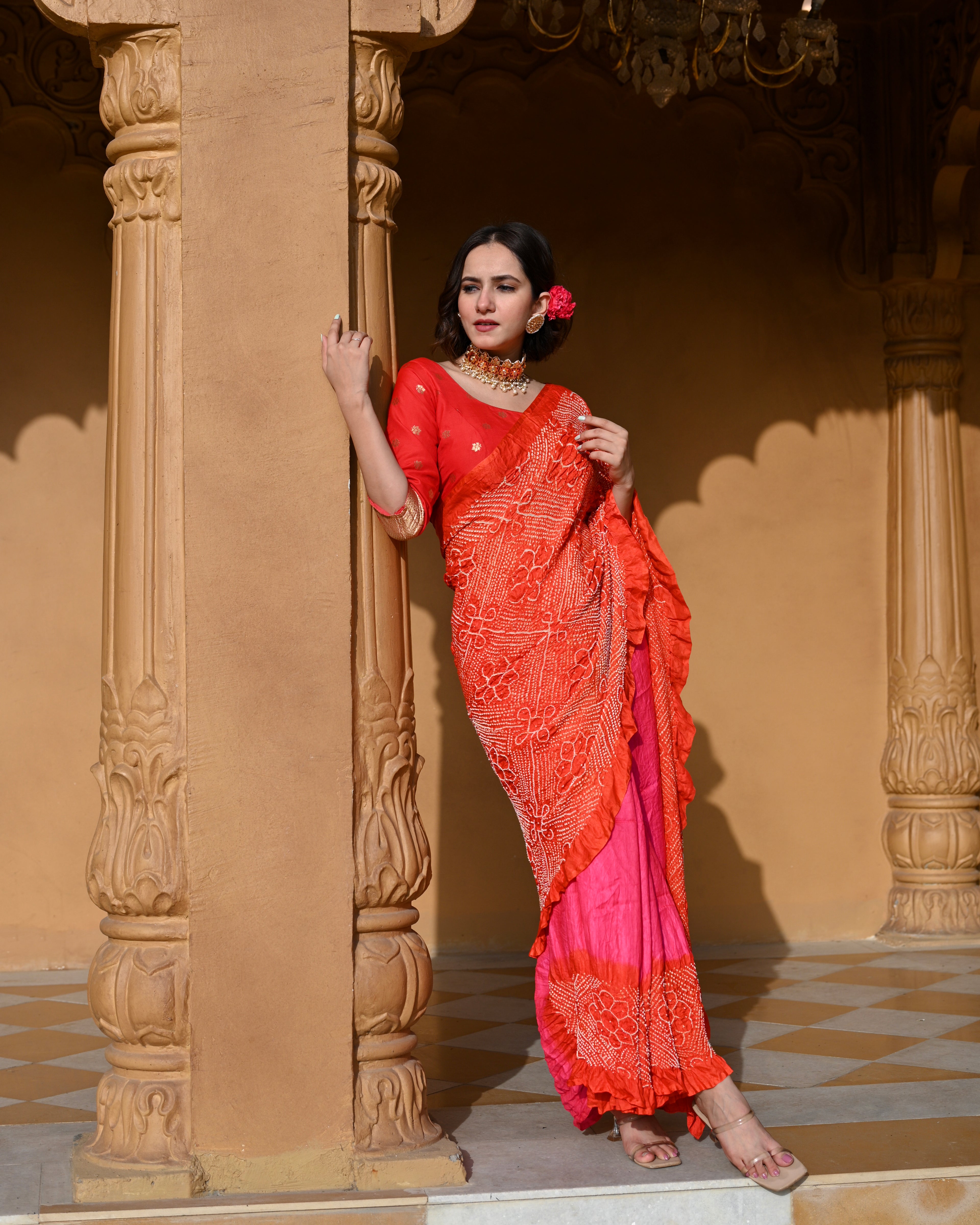 PINK-ORANGE YIN-YANG HALF FULL HALF EMPTY POPPY FLOWER BANDHANI SILK SAREE