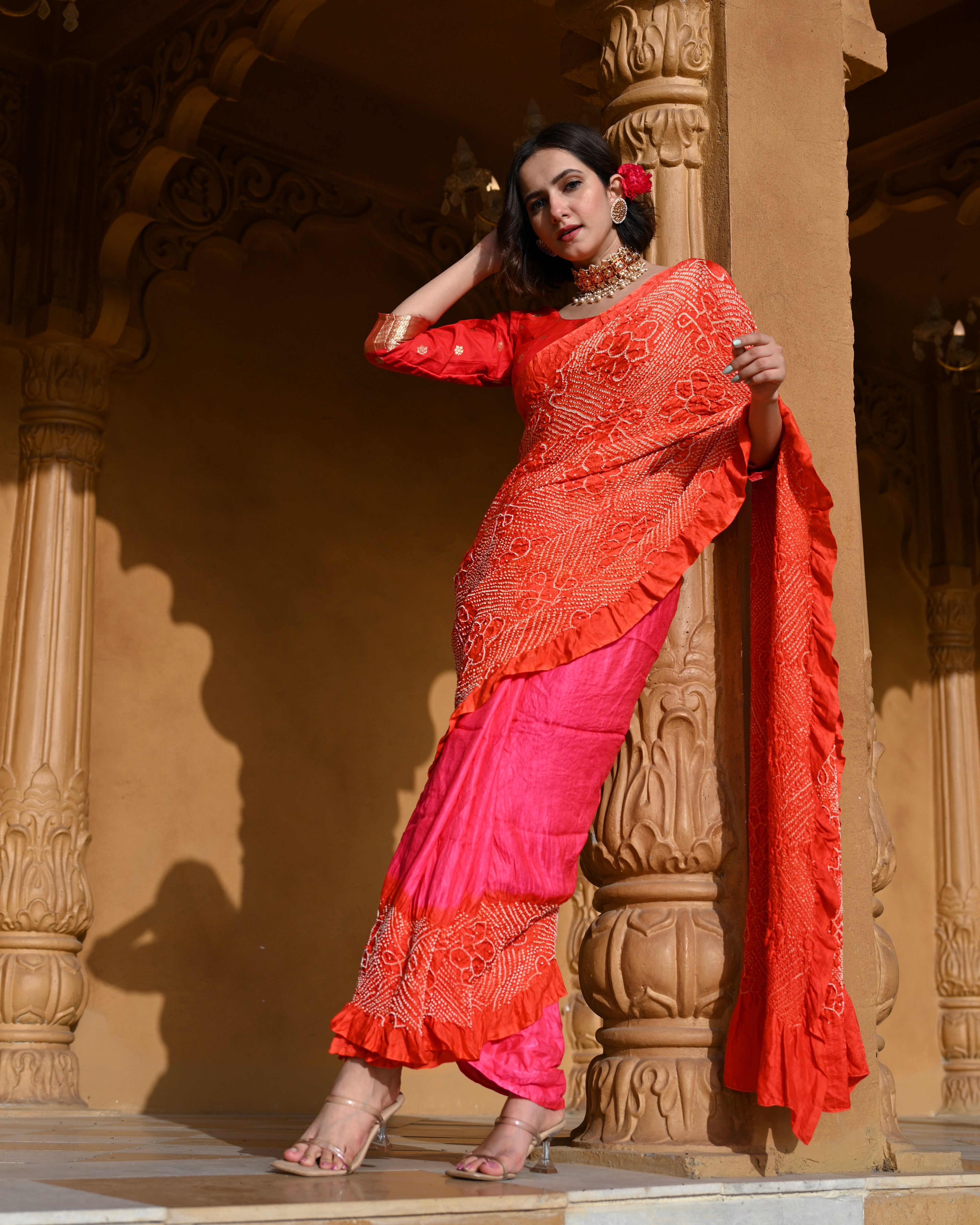 PINK-ORANGE YIN-YANG HALF FULL HALF EMPTY POPPY FLOWER BANDHANI SILK SAREE