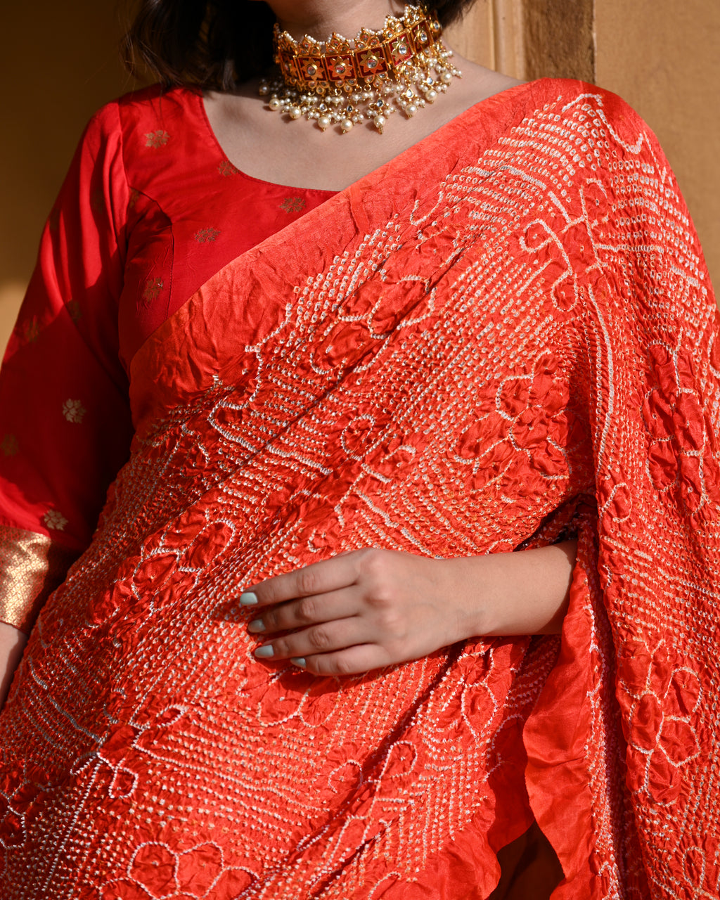 PINK-ORANGE YIN-YANG HALF FULL HALF EMPTY POPPY FLOWER BANDHANI SILK SAREE