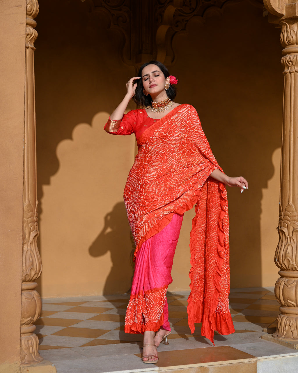 PINK-ORANGE YIN-YANG HALF FULL HALF EMPTY POPPY FLOWER BANDHANI SILK SAREE