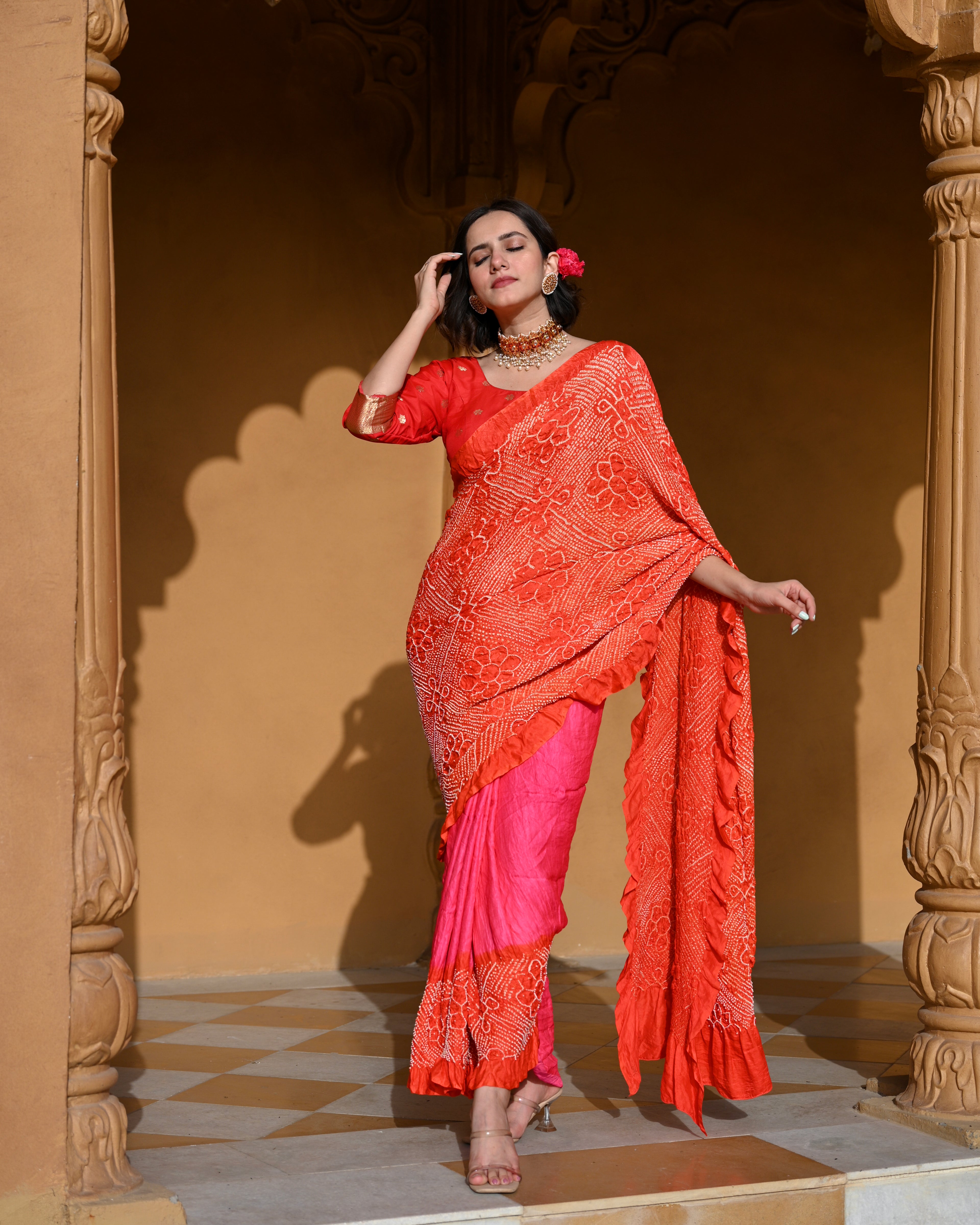 PINK-ORANGE YIN-YANG HALF FULL HALF EMPTY POPPY FLOWER BANDHANI SILK SAREE