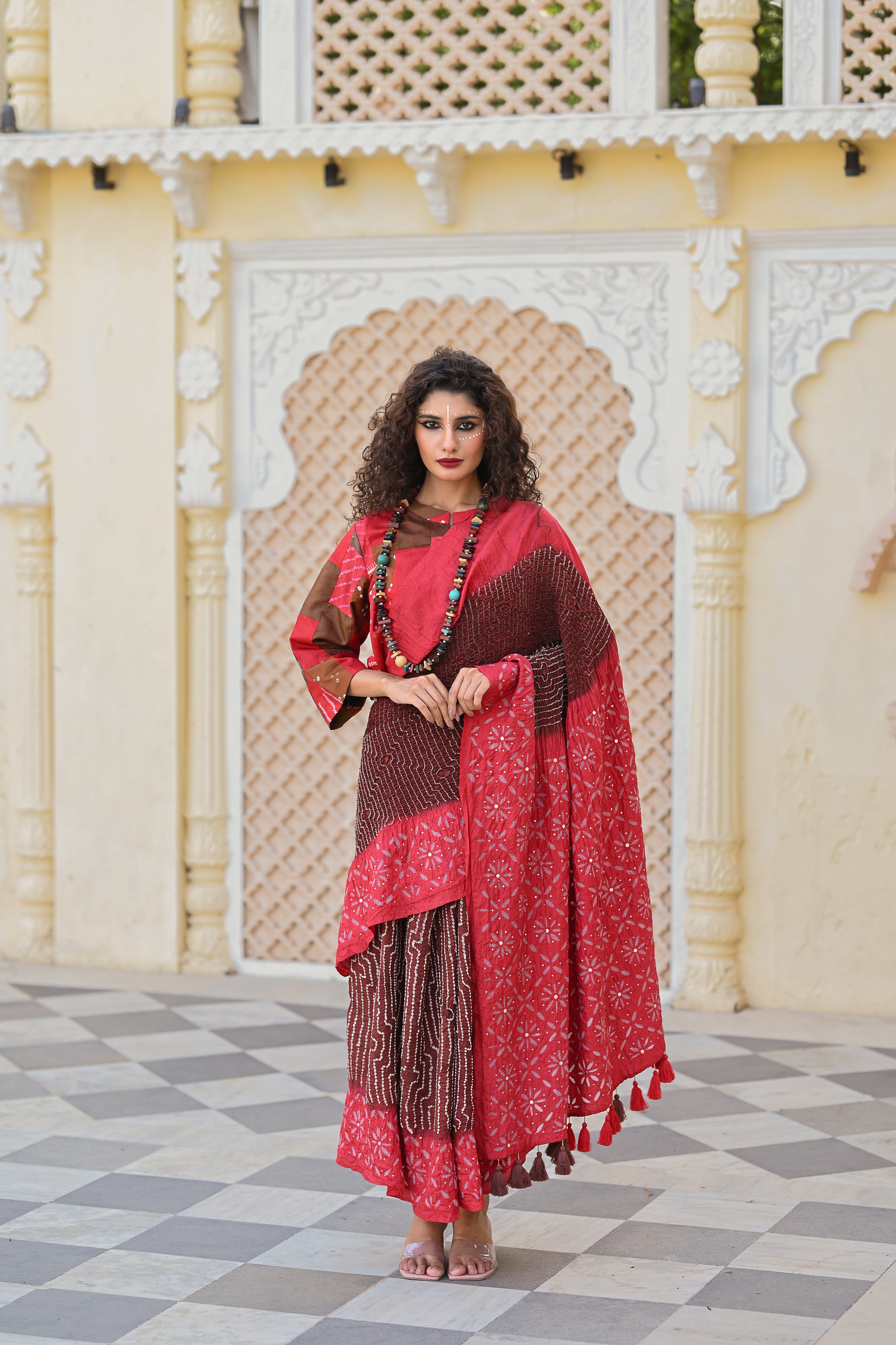 RED - BROWN APPLIQUE EMBROIDERED SILK BANDHANI SAREE WITH TASSELS