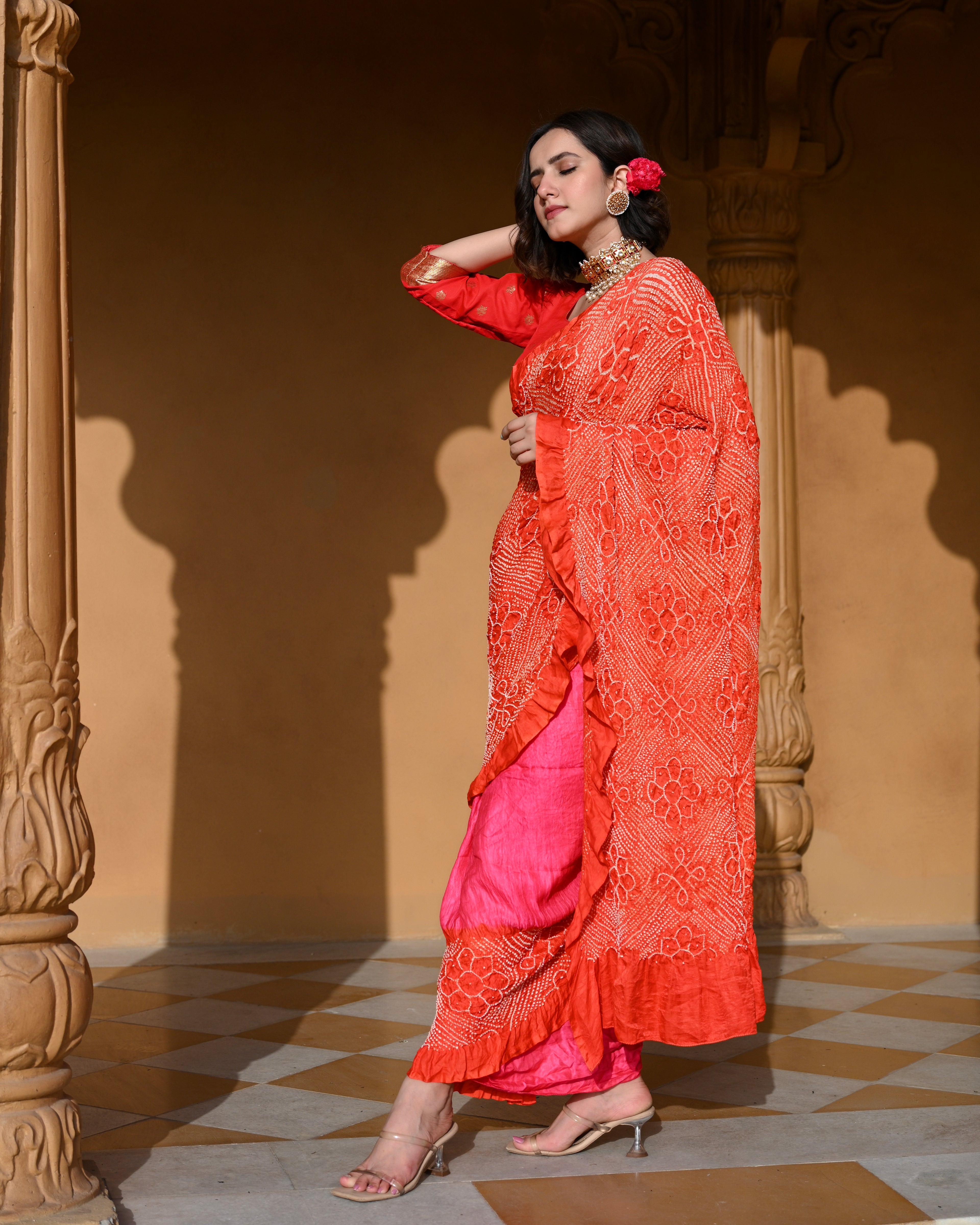 PINK-ORANGE YIN-YANG HALF FULL HALF EMPTY POPPY FLOWER BANDHANI SILK SAREE