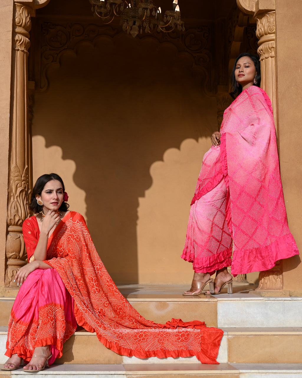 PINK-ORANGE YIN-YANG HALF FULL HALF EMPTY POPPY FLOWER BANDHANI SILK SAREE