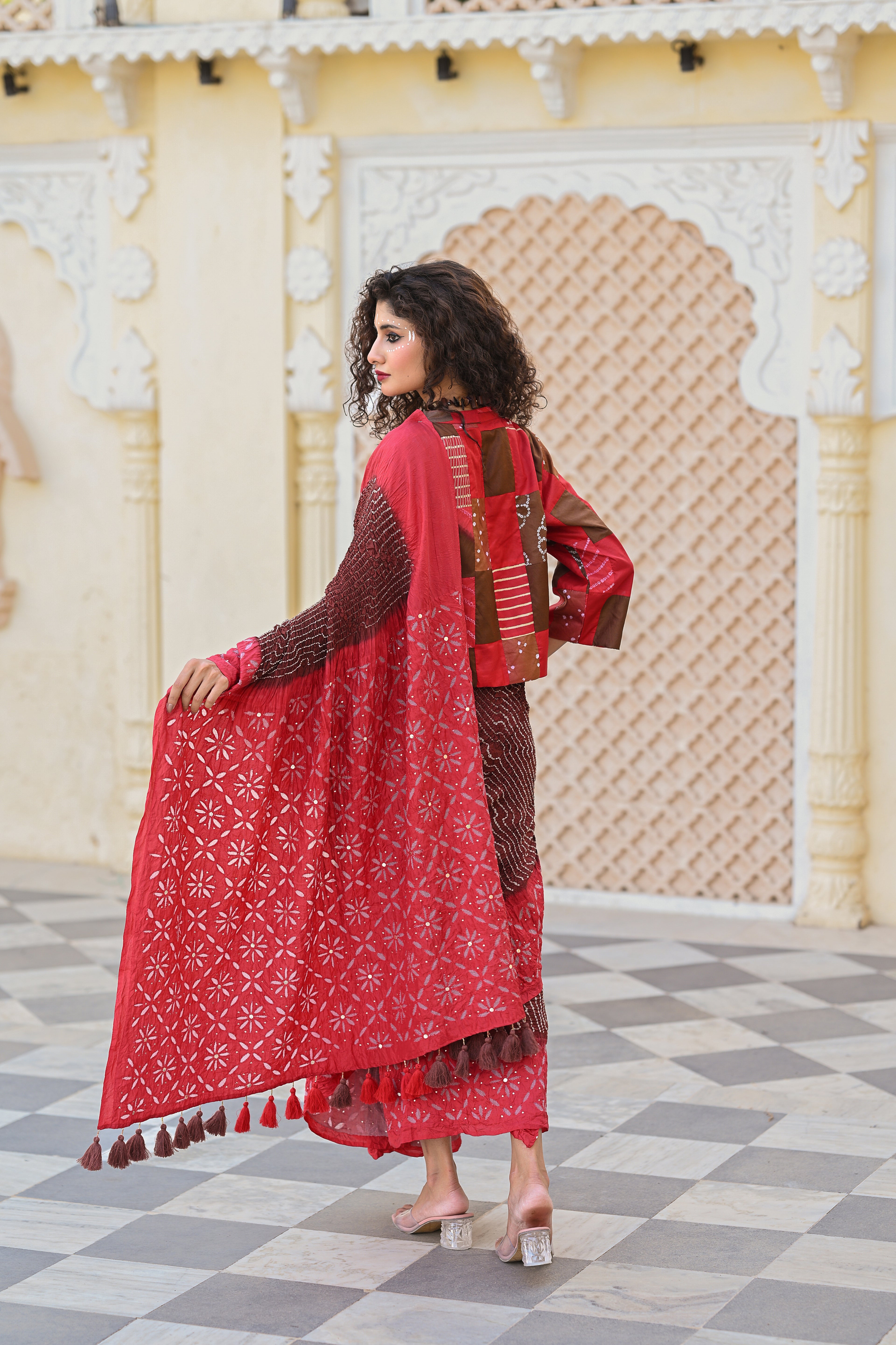 RED - BROWN APPLIQUE EMBROIDERED SILK BANDHANI SAREE WITH TASSELS