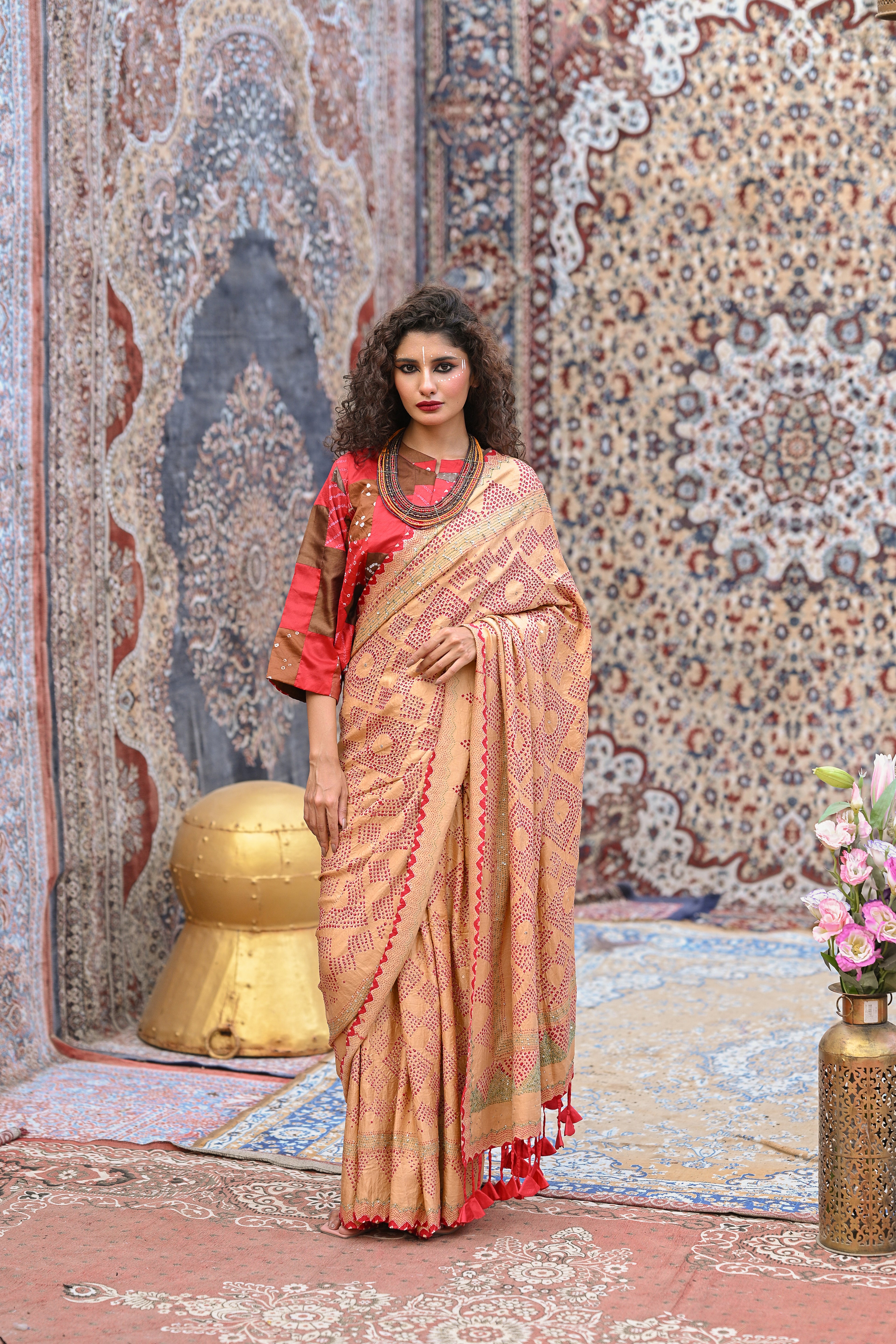 BEIGE SQUARE EMBROIDERED SILK BANDHANI SAREE WITH TASSELS
