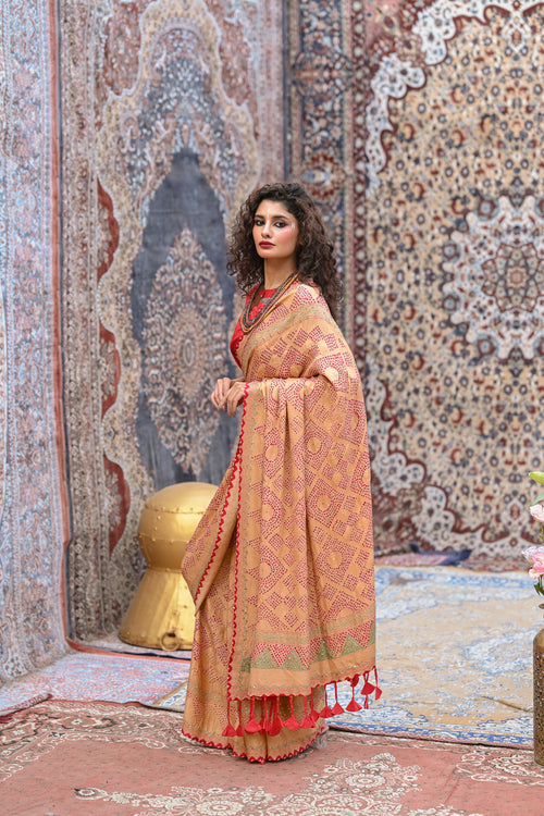 BEIGE SQUARE EMBROIDERED SILK BANDHANI SAREE WITH TASSELS