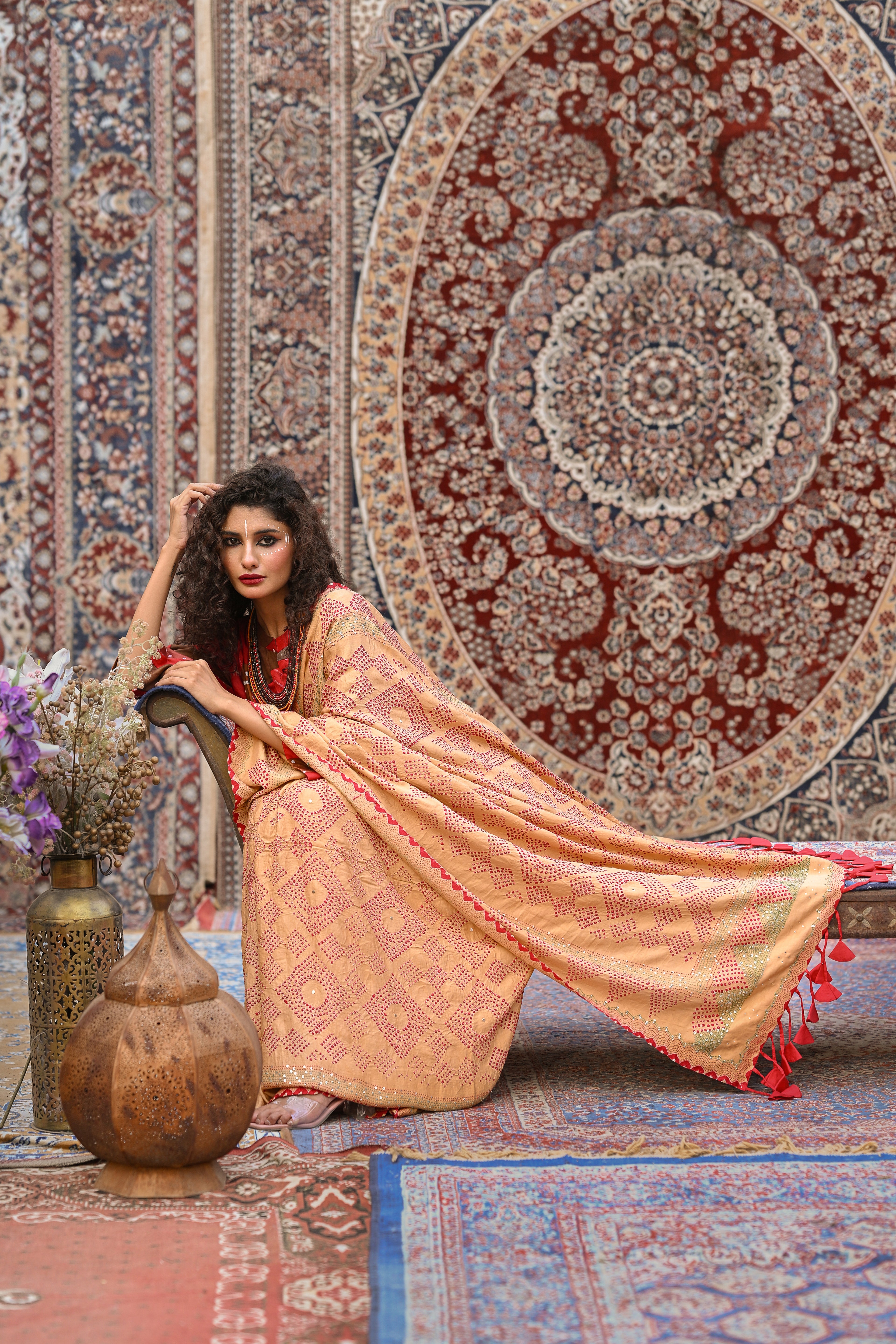 BEIGE SQUARE EMBROIDERED SILK BANDHANI SAREE WITH TASSELS