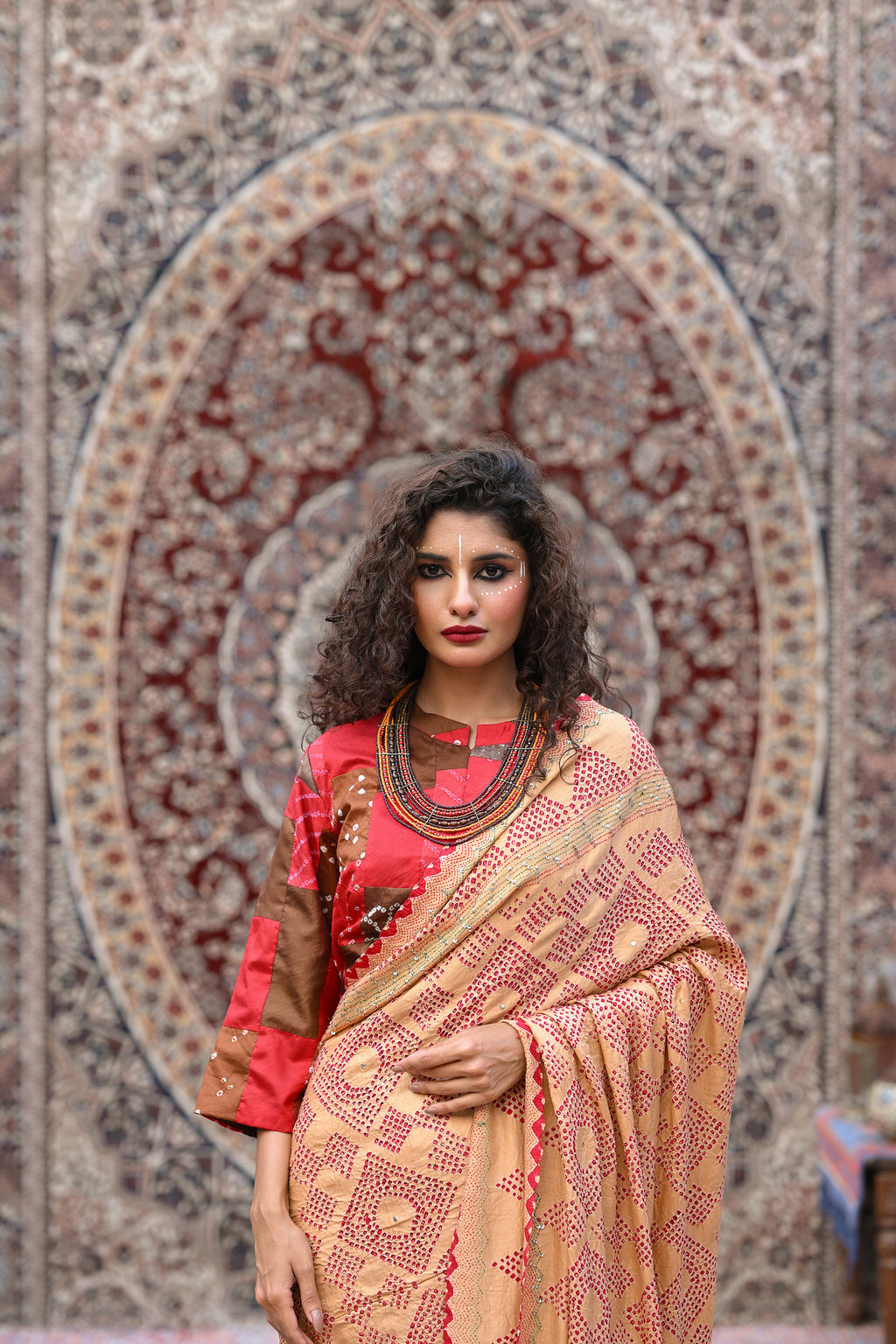 BEIGE SQUARE EMBROIDERED SILK BANDHANI SAREE WITH TASSELS