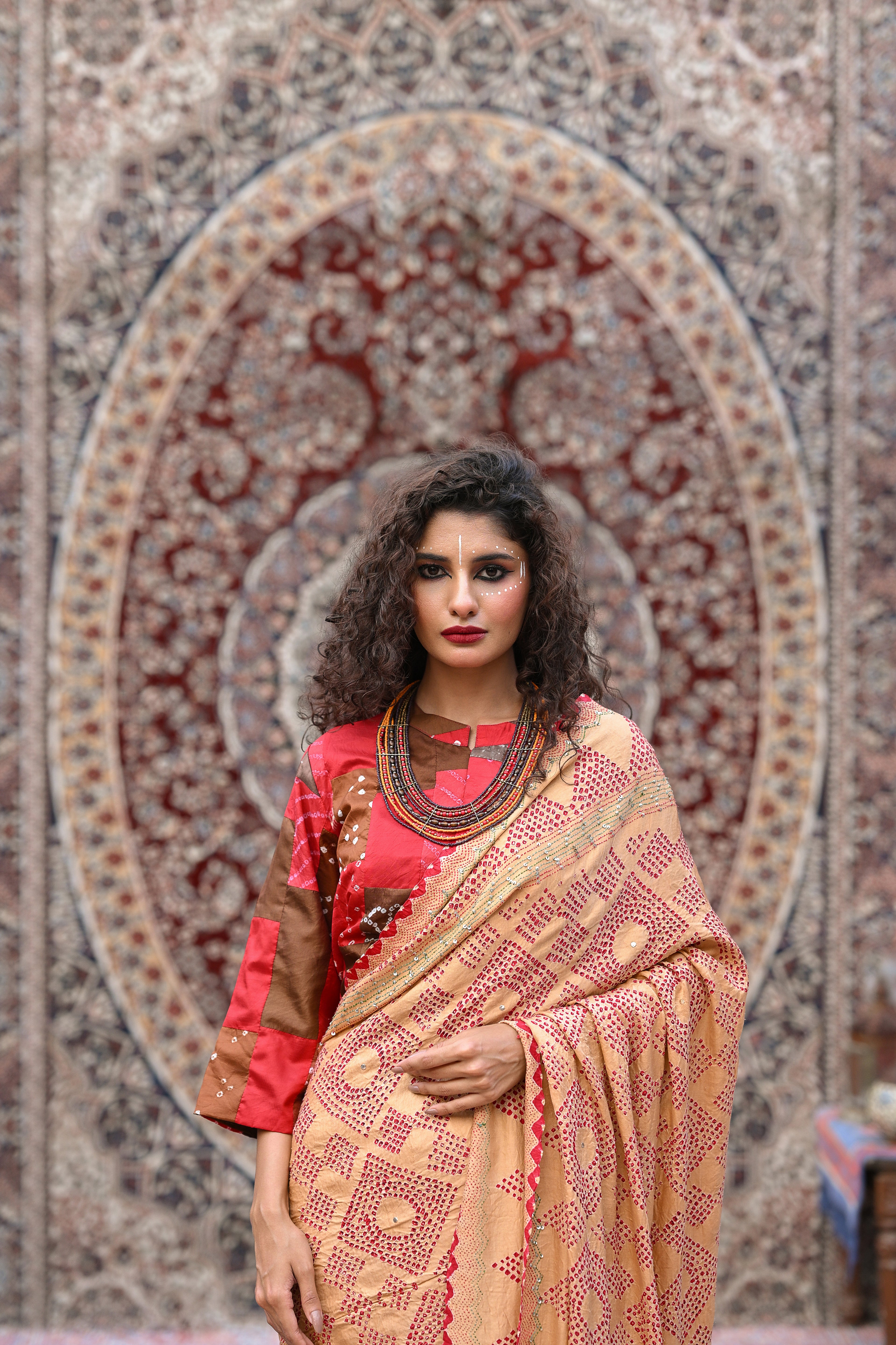 BEIGE SQUARE EMBROIDERED SILK BANDHANI SAREE WITH TASSELS