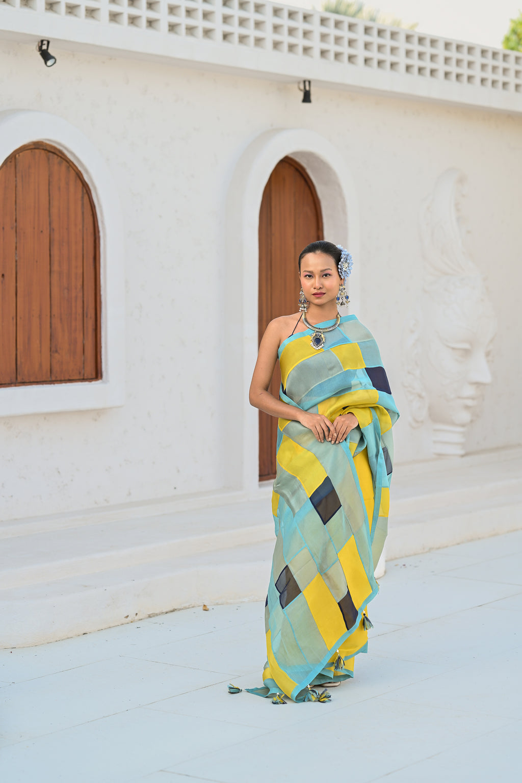 LIGHT BLUE - YELLOW PATCHWORK ORGANZA SAREE WITH TASSELS