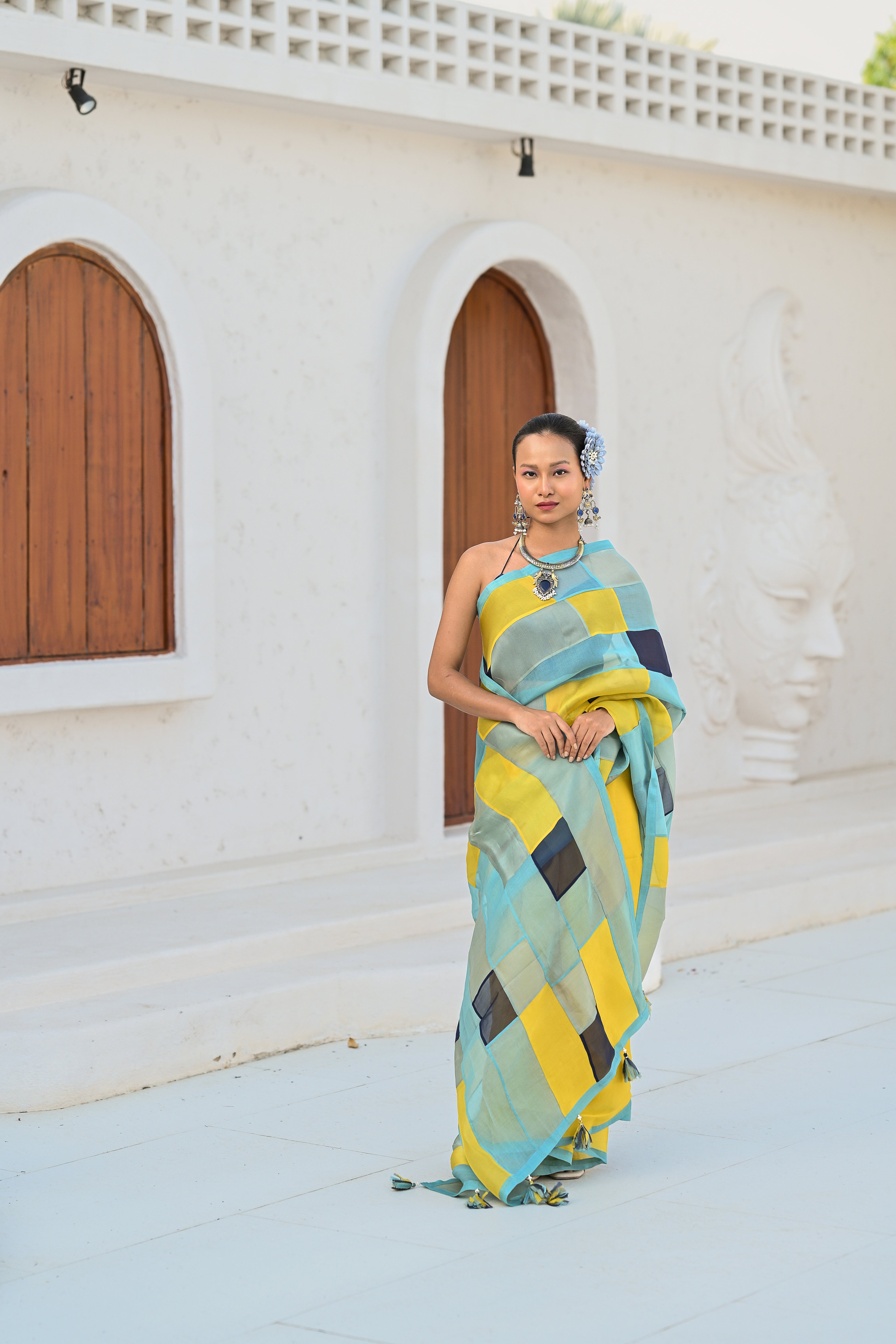 LIGHT BLUE - YELLOW PATCHWORK ORGANZA SAREE WITH TASSELS